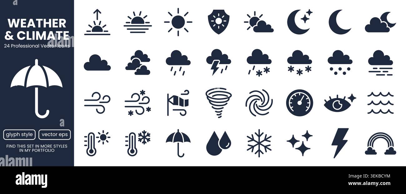 Symbole für die Wettervorhersage festgelegt. Sonne, Regen, Gewittersturm, Wind, Schneewolke, Mond, UV-Index flache Piktogramm-Vektor-Illustrationen. Schwarz minimalistisch Stock Vektor