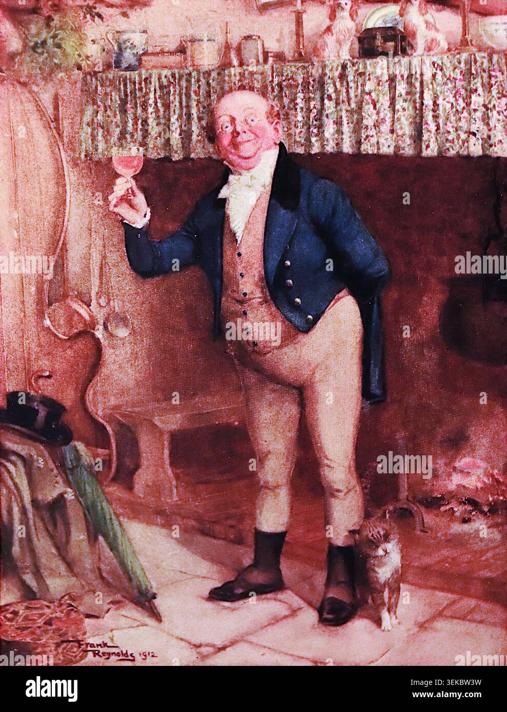 Ein fröhlicher Dickensianer-Gentleman steht an einem rustikalen Herd und hebt ein Glas Geister in einem fröhlichen Toast auf. Er trägt einen blauen Frack, eine Weste und eine Hose, begleitet von einer kleinen Katze zu seinen Füßen, in einer warmen Innenszene von Frank Reynolds. Aus einer knappen Publikation aus dem Jahr 1911 namens London’s Social Calendar, die 1911 im Savoy Hotel in London veröffentlicht wurde. Einige der Originalbilder waren zweiseitige Druckbögen. Stockfoto