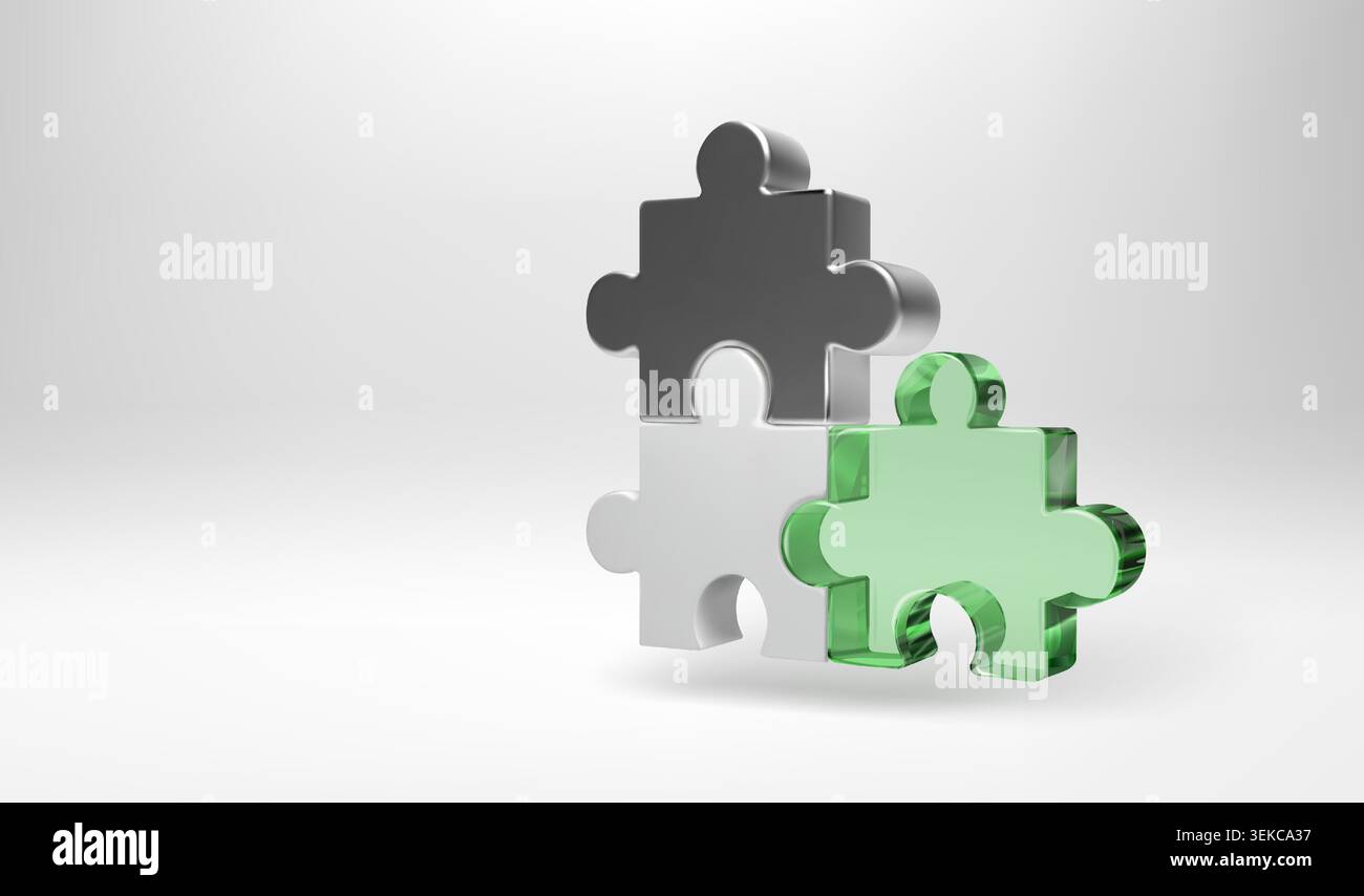 Chrome 3D-Puzzle, dreiteilig, geschäftliche Mission. Isometrisches Stichsägeprojekt aus Glas für Teamzusammenarbeit und Problemlösung. Verbinden Sie komplexe Teile Stock Vektor