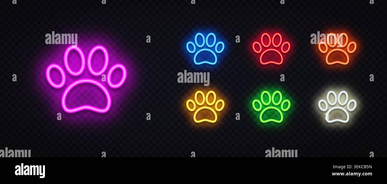 Bunte Neon Pfoten-Printsymbole in Pink, Blau, Rot, Orange, Gelb, grün und weiß. Leuchtende Tiersymbole für Tiermedizin, Tierpflege und Tierhandlung Stock Vektor