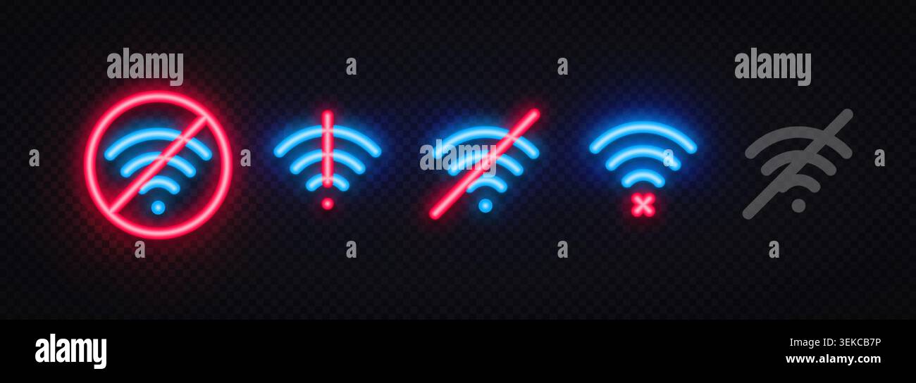 Neonfarbene Wi-Fi-Warnsymbole und getrennte Symbole mit Warnung, kein Signal und durchgestrichenen Netzwerksymbolen. Leuchtende Zeichen für Probleme mit der Internetverbindung und Stock Vektor