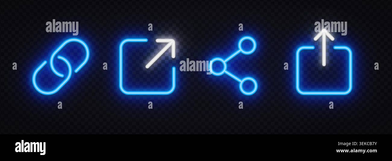 Neon Web-Interaktionssymbole, einschließlich Hyperlink-, externer Link-, Freigabe- und Upload-Symbole. Leuchtende Oberflächenelemente für Websites, Apps und Inhalte Stock Vektor