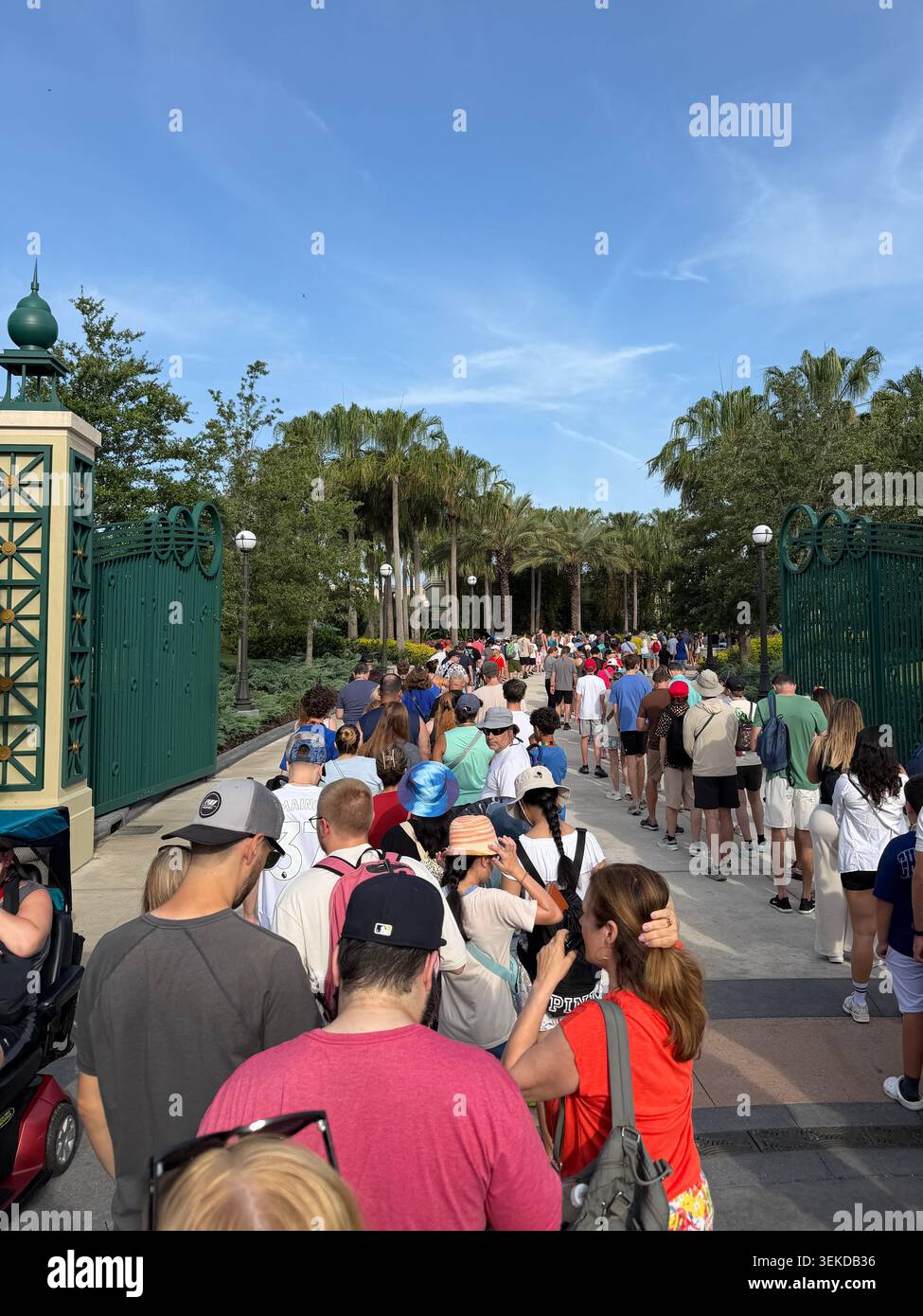 ORLANDO, FL - 1. JUNI 2026: Besucher des Freizeitparks stehen in einer langen Warteschlange im Freien und warten darauf, das Haupttor und die Sicherheitskontrolle zu betreten Stockfoto