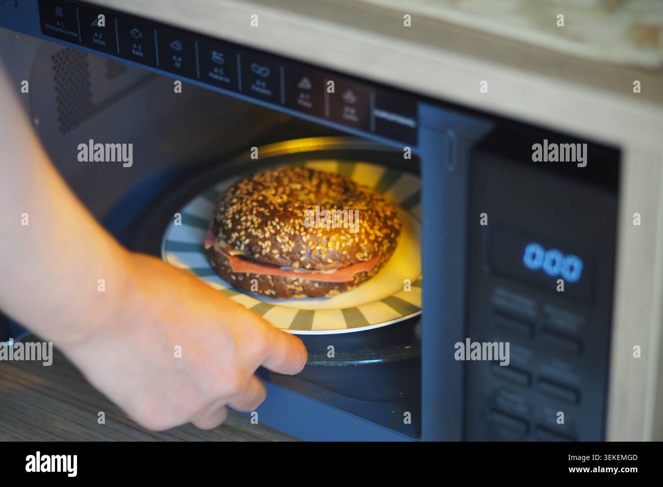 Ein Sandwich zu Hause in der Mikrowelle heizen Stockfoto