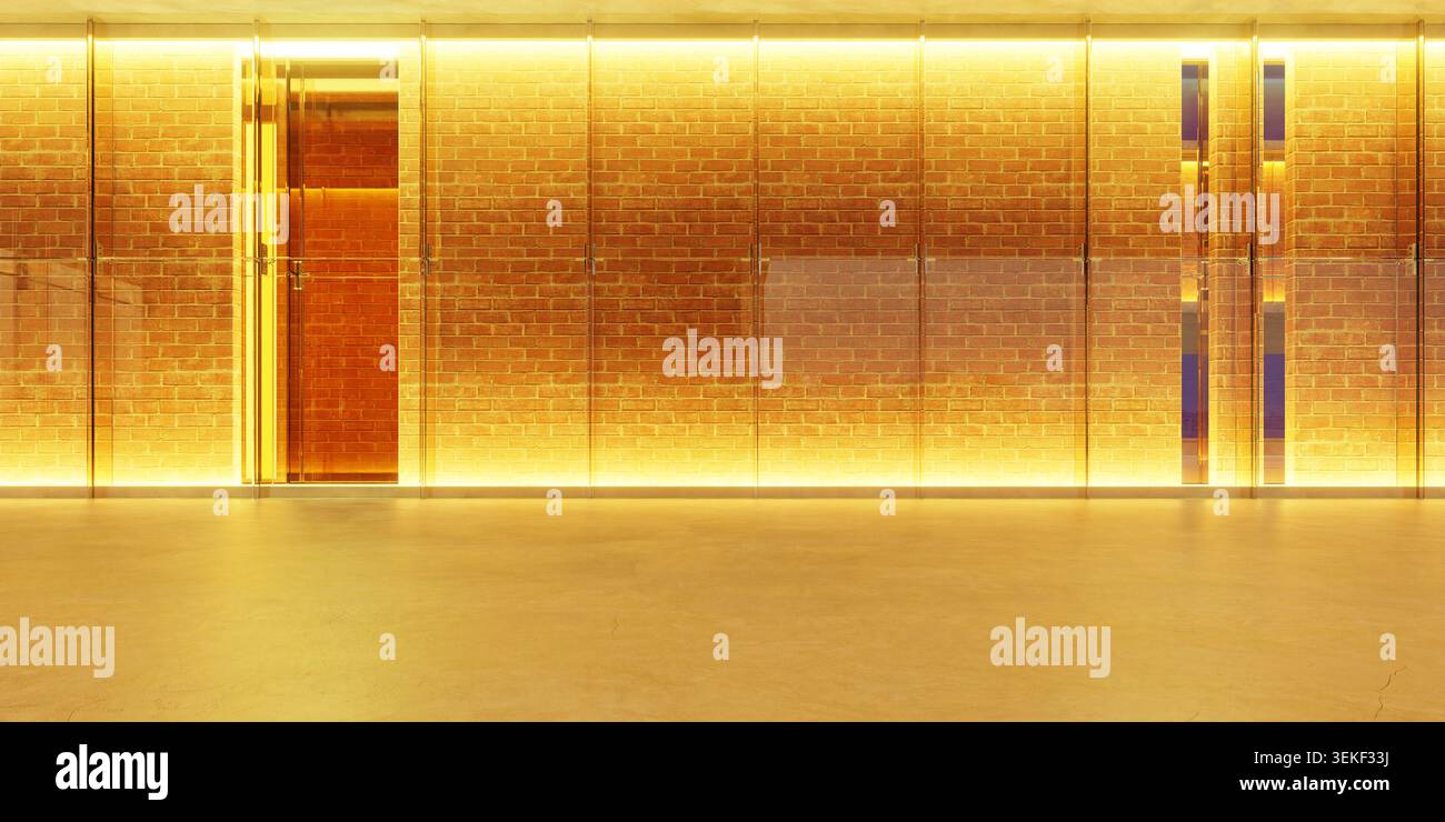 Leerer Bürobereich in modernem Design mit beleuchteter Ziegelwand. 3D-Rendering Stockfoto