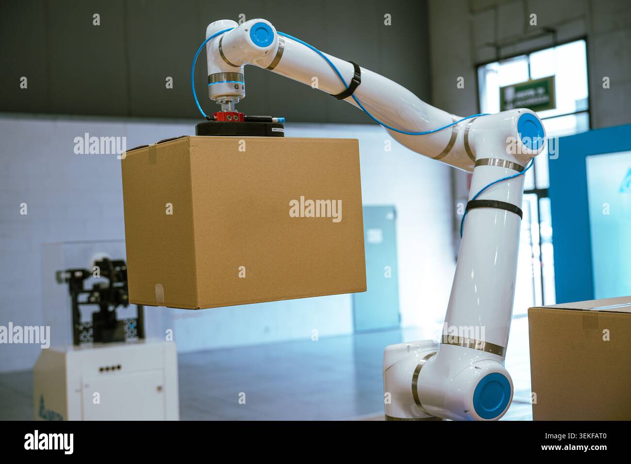 Ein weiß-blauer Industrieroboterarm hebt während einer Vorführung der Logistikautomatisierung einen Karton mit einem Saugnapfeffektor an. Stockfoto