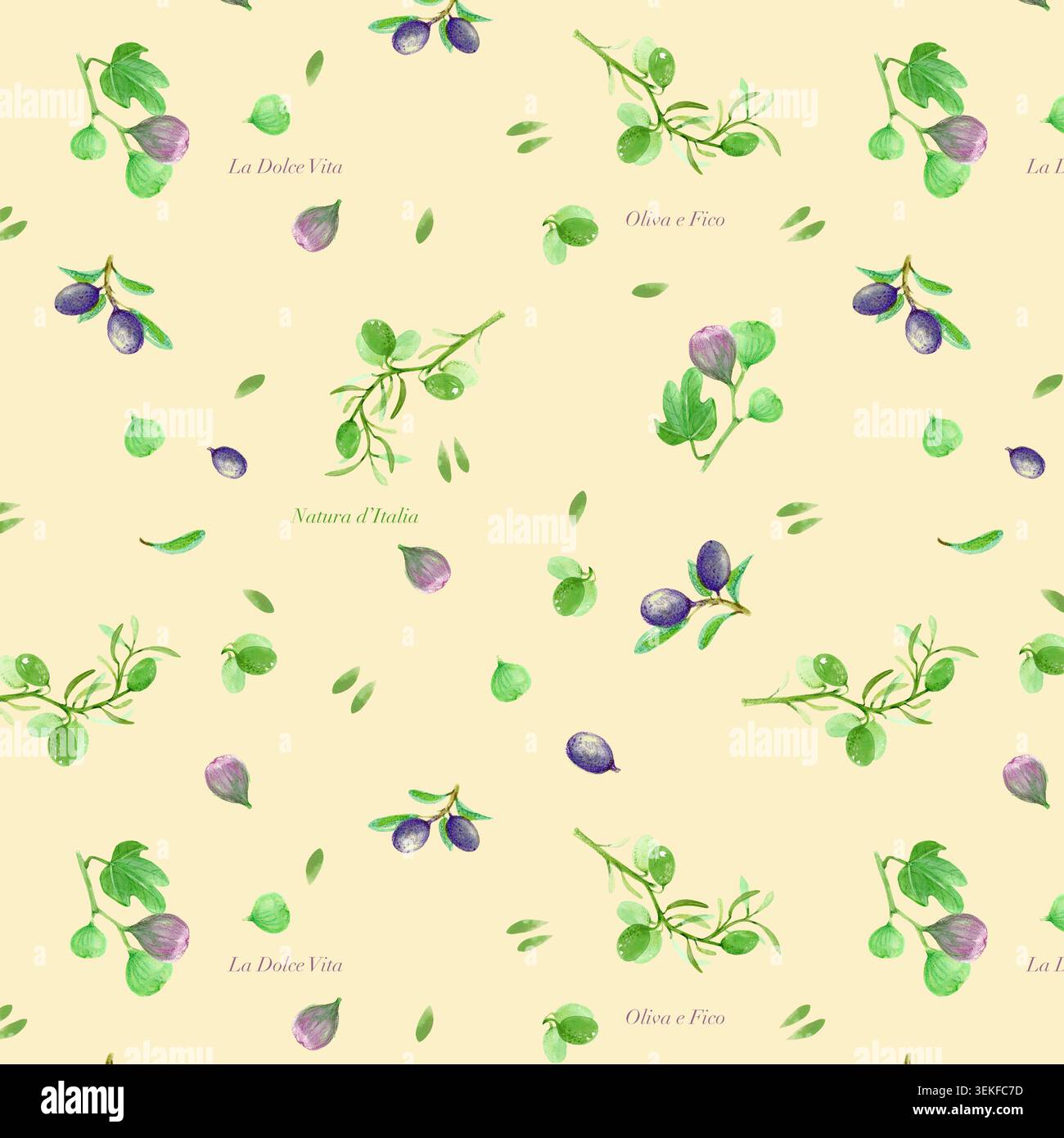 Aquarellfarbe mediterraner nahtloser Musterhintergrund mit Aquarellgrün Oliven und lila Feigen. Handgezeichnete botanische Illustration für kreative Zwecke Stockfoto