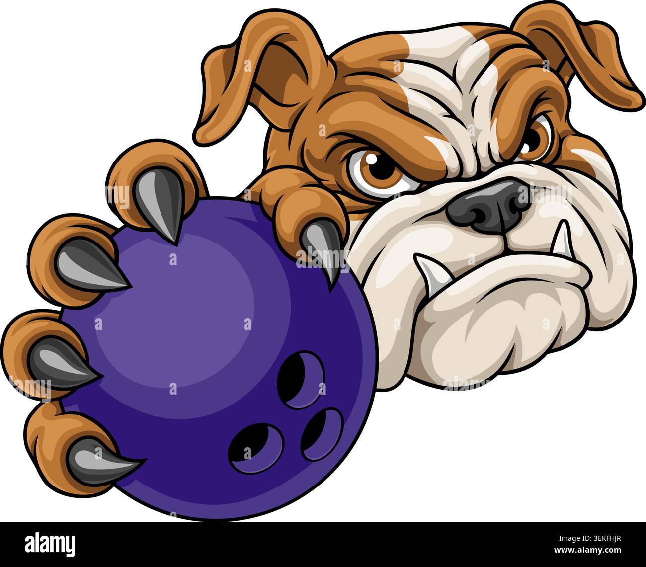 Ein Bulldog Hund Bowling Tiersportteam Maskottchen Zeichentrickfigur hält einen Ball. Stock Vektor