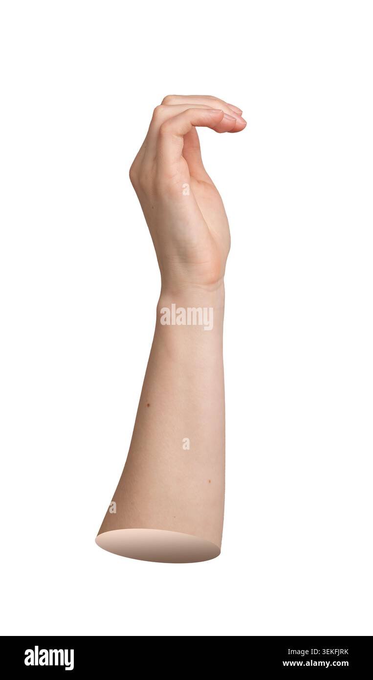 Menschlicher Arm nach oben gestreckt mit entspannter Handbewegung, die auf dem Hintergrund isoliert ist. Leicht gekrümmte Finger bilden eine weiche, natürliche Haltung für Interaktion. Kommunik Stockfoto