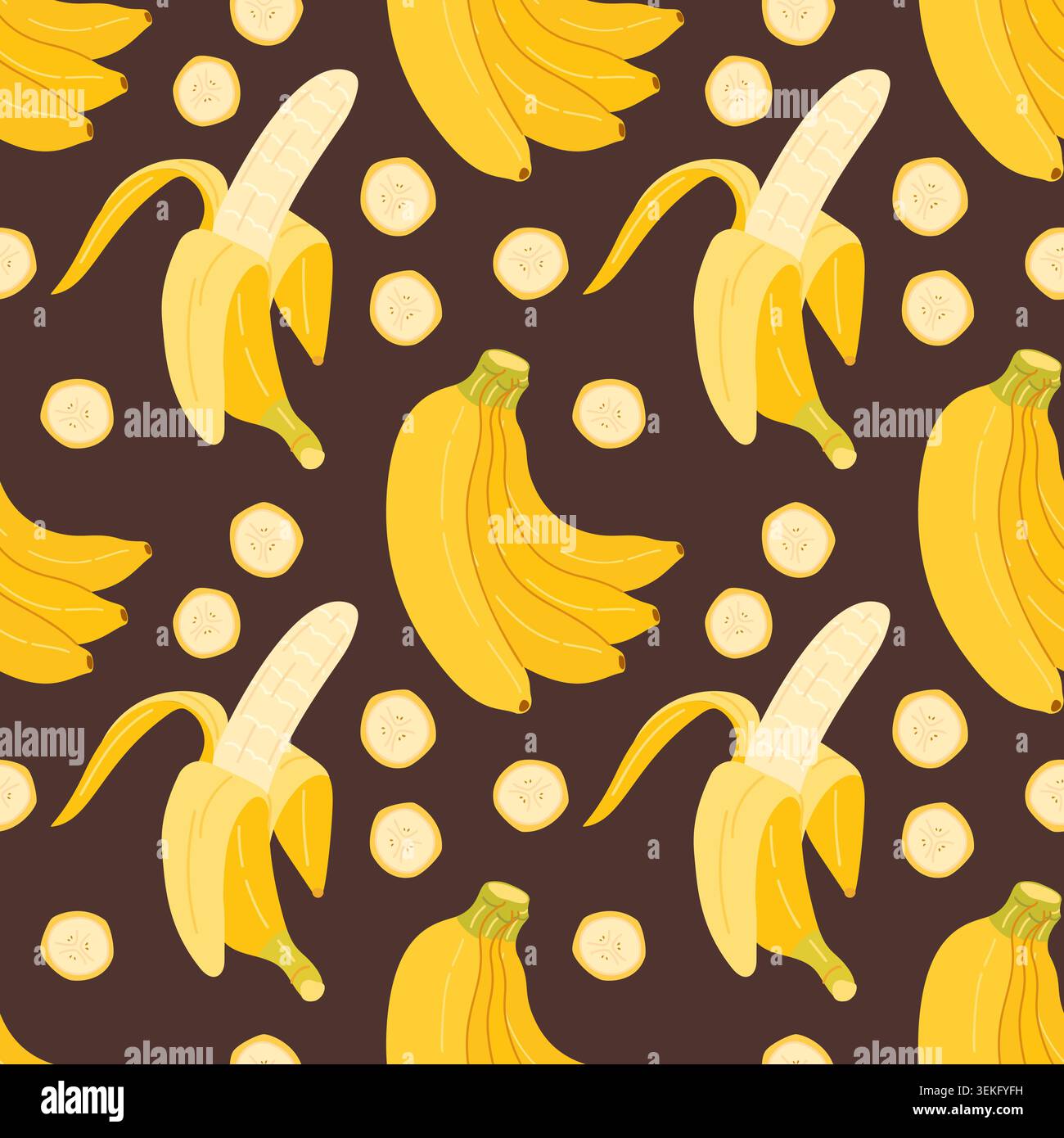 Nahtloses Muster mit gelben Bananen, geschälten Früchten und runden Scheiben auf dunklem schokoladenbraunem Hintergrund. Köstliche tropische Frucht Vektor wiederholte Textur für Kinderbekleidung, Stoffe, süße Lebensmittel Verpackung Stock Vektor