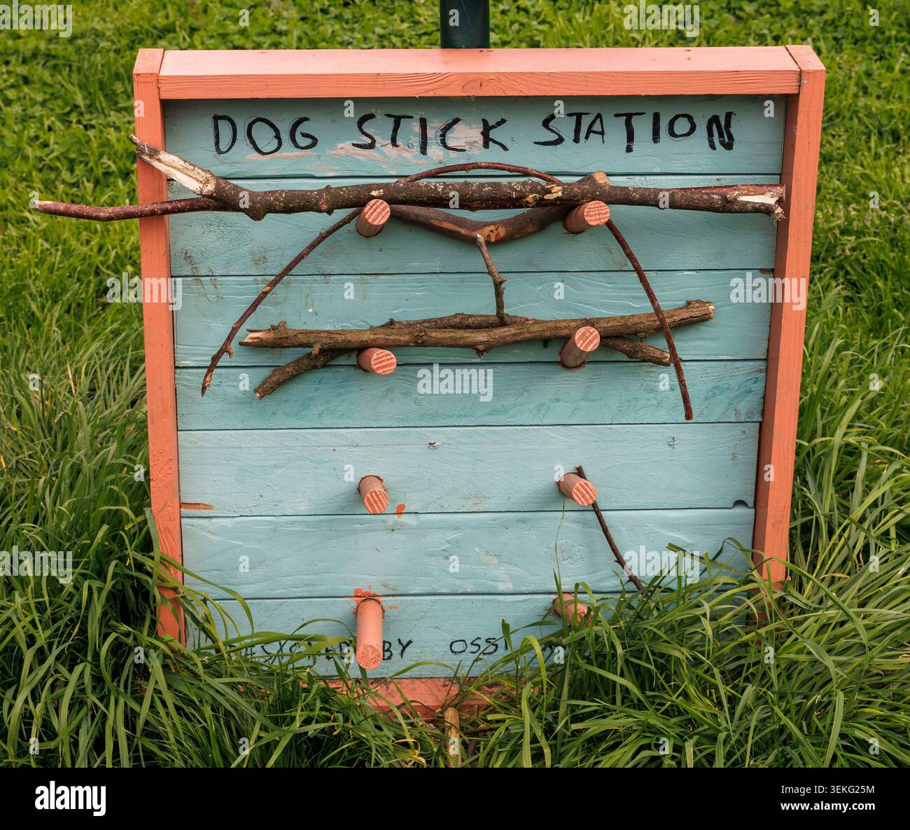 Ein Schrank mit der Aufschrift „Dog Stick Station“ mit einer Vielzahl von Stäben für Hunde, Köln, Deutschland. ein Gestell mit der Aufschrift „Dog Stick Station“ mit einer Stockfoto