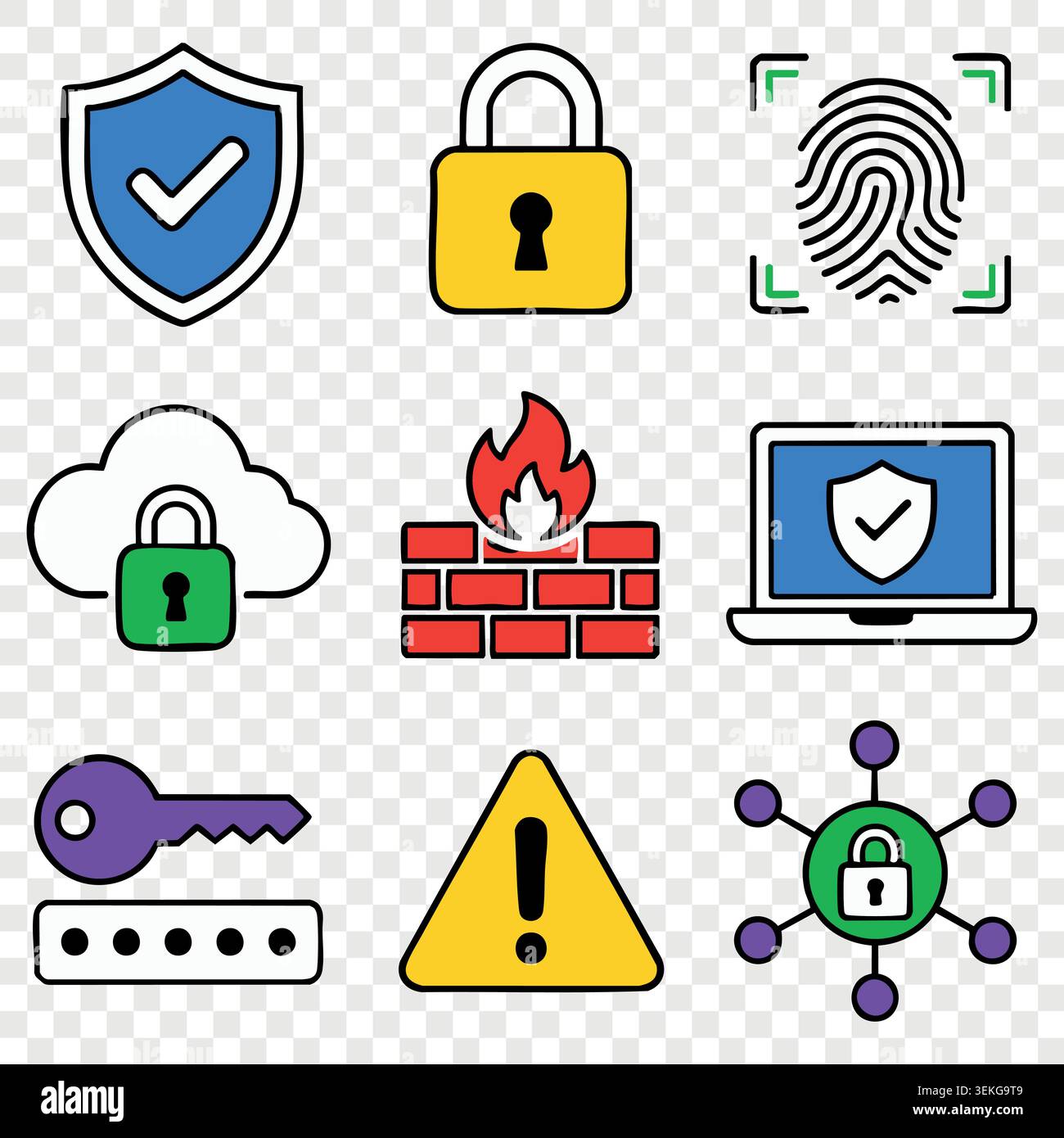 Netzwerksicherheitssymbole mit Digital Firewall-Schutz, Abbildungen zu Cloud-Sicherheit und Warnschildern Stock Vektor
