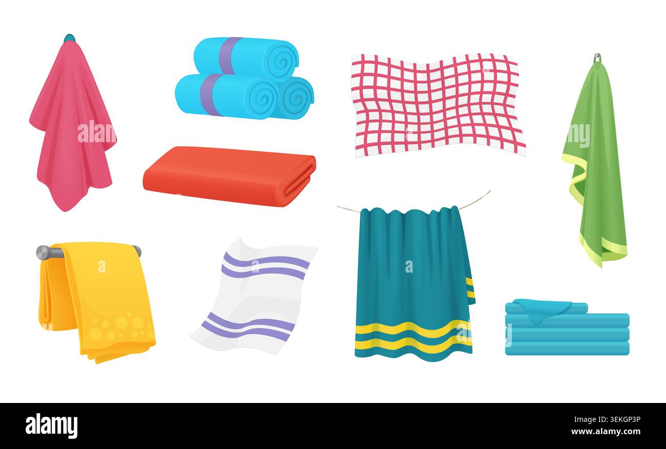 Sammlung von bunten Badetüchern, gefalteter Bettwäsche, Hängetüchern und Stoffstücken für Badezimmer, Spa oder Wäsche Themen, isoliert auf weißem Hintergrund Vektor Illustration Stock Vektor