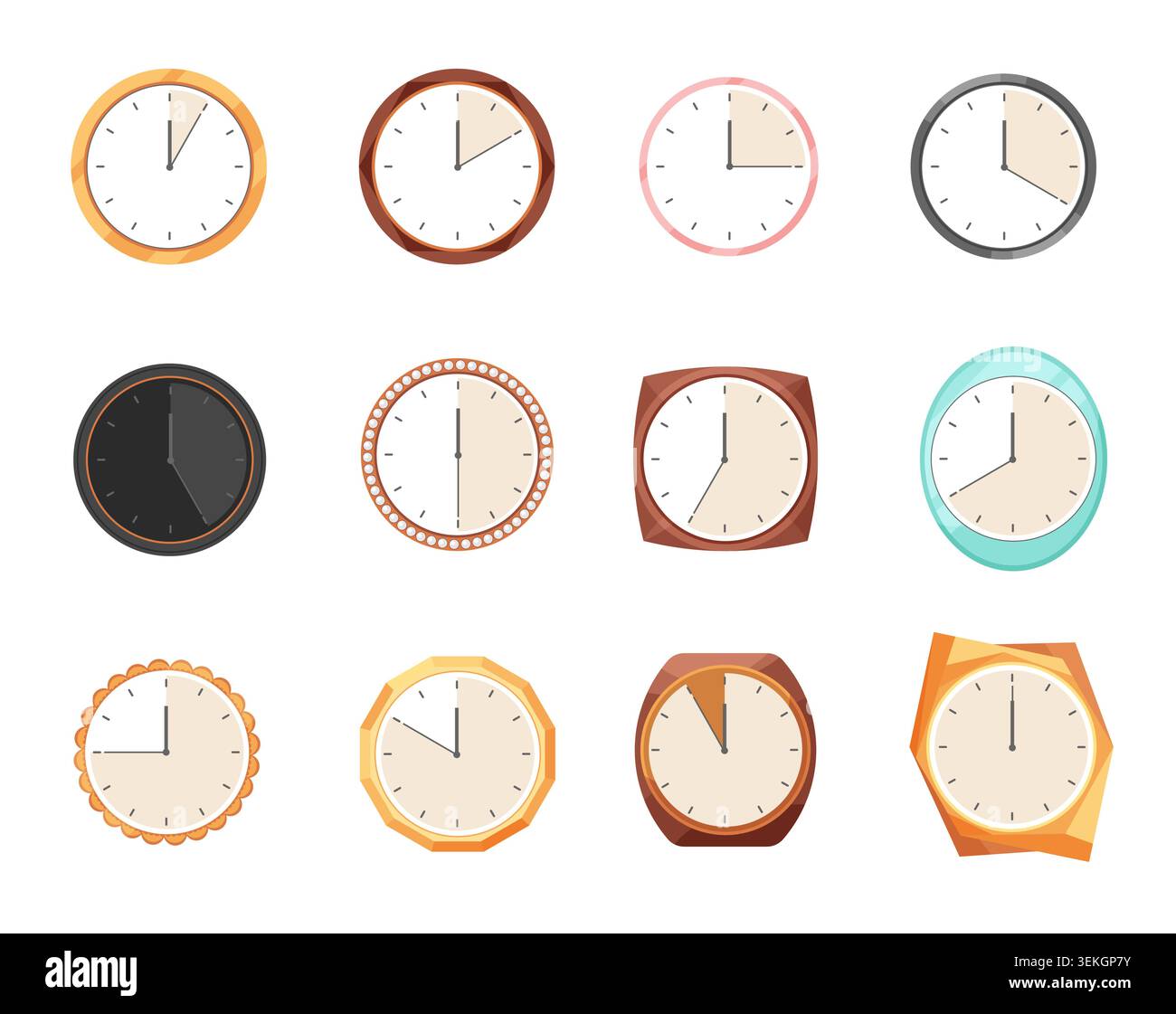 Satz von dekorativen Wanduhrscheiben in verschiedenen runden und geometrischen Rahmen, die verschiedene Zeiten und Stile zeigen, isoliert auf weißem Hintergrund Vektorillustration Stock Vektor