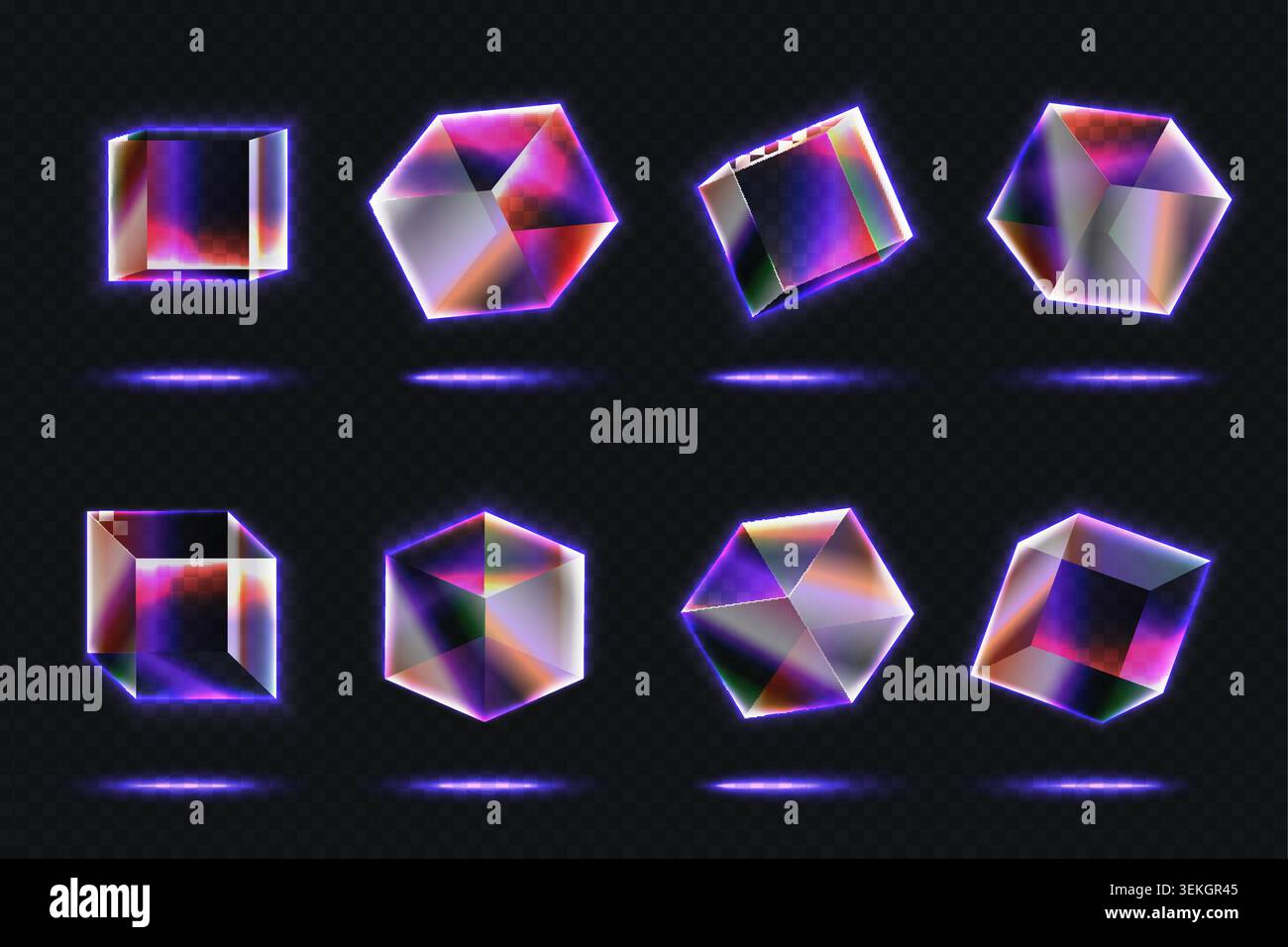 Sammlung von leuchtenden transparenten Glaswürfeln und Polygonformen mit holografischen Neonkanten, schwebenden Reflexionen und futuristischen Prismeneffekten auf dunkler Hintergrund-Vektorillustration Stock Vektor