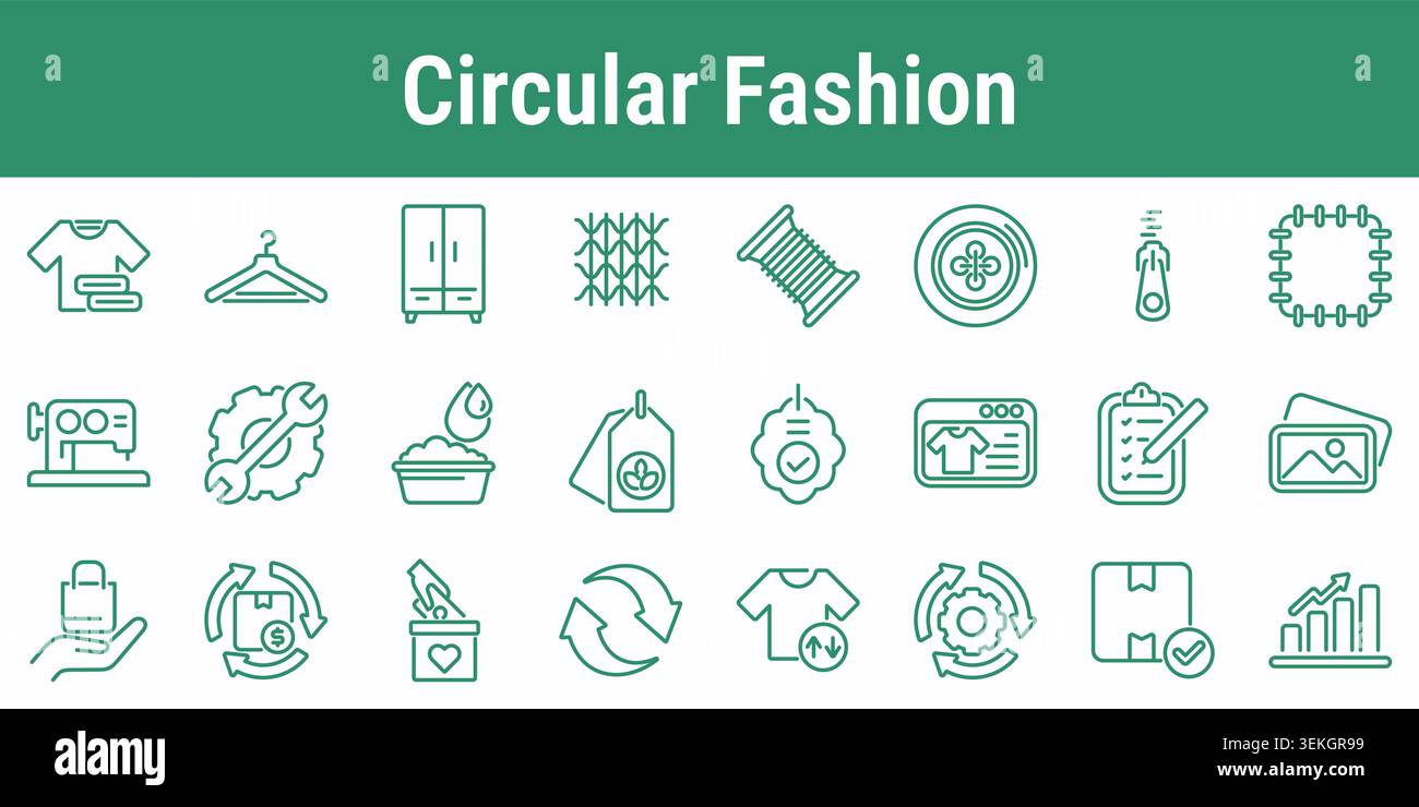 Kreisförmige Modelinie Ikonen mit Bekleidungsreparatur Wiederverkauf Spende Recycling Textilmaterialien Etiketten Nähen und Analysen für nachhaltige Bekleidungsbusin Stock Vektor