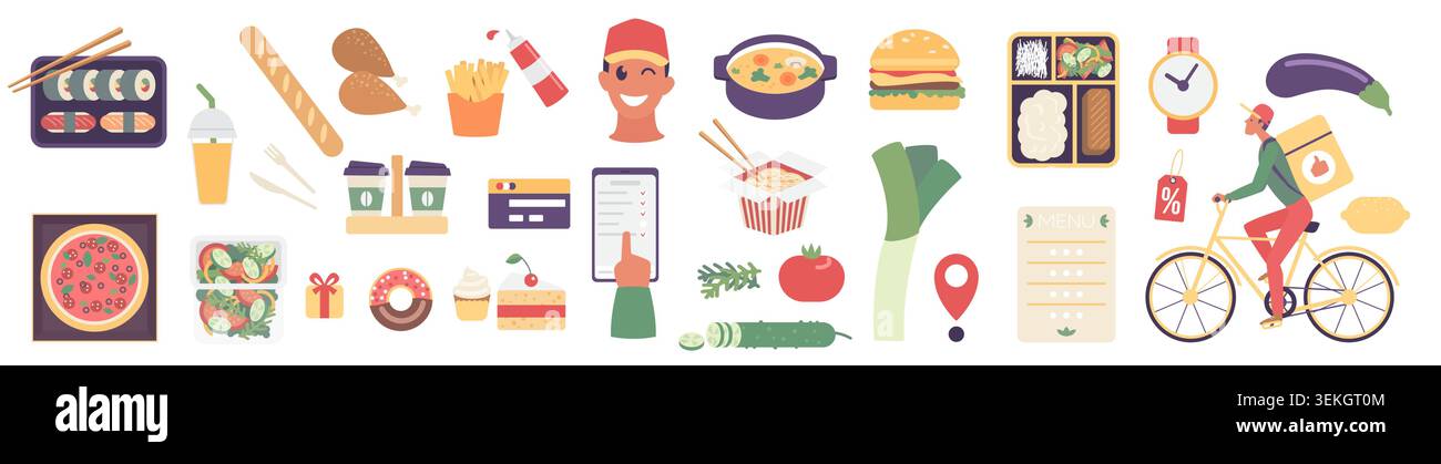 Sammlung klassischer Ikonen mit Kurier, Fahrrad, Sushi, Pizza, Burger, Getränke, Kartennadel, Smartphone-Bestellung und Imbissartikel isoliert auf weißem Hintergrund Vektor-Illustration Stock Vektor
