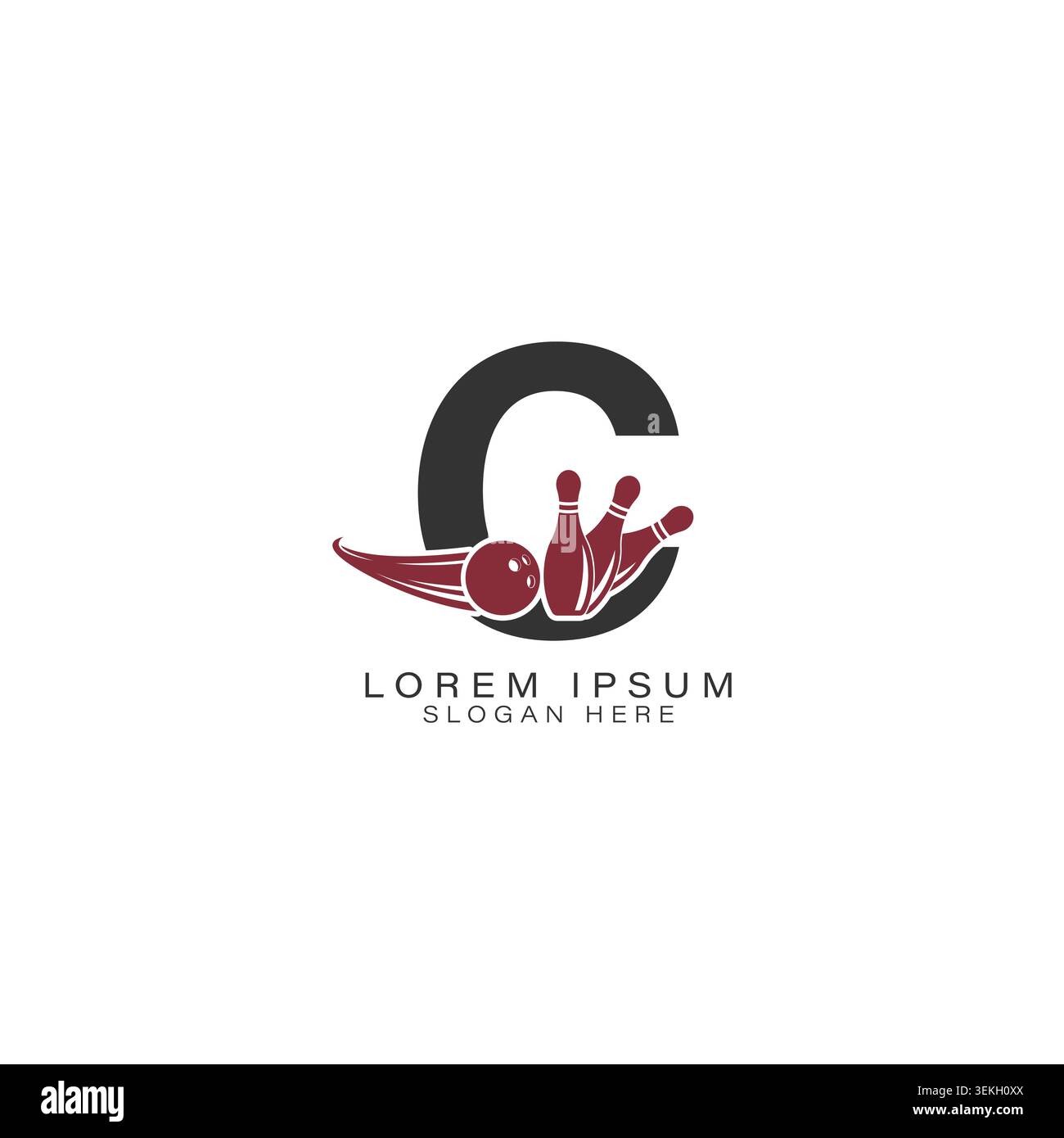 Logo mit Buchstabe C, Bowlingkugel und Stiften. Design mit Buchstabe C für Bowlingclubs Stock Vektor