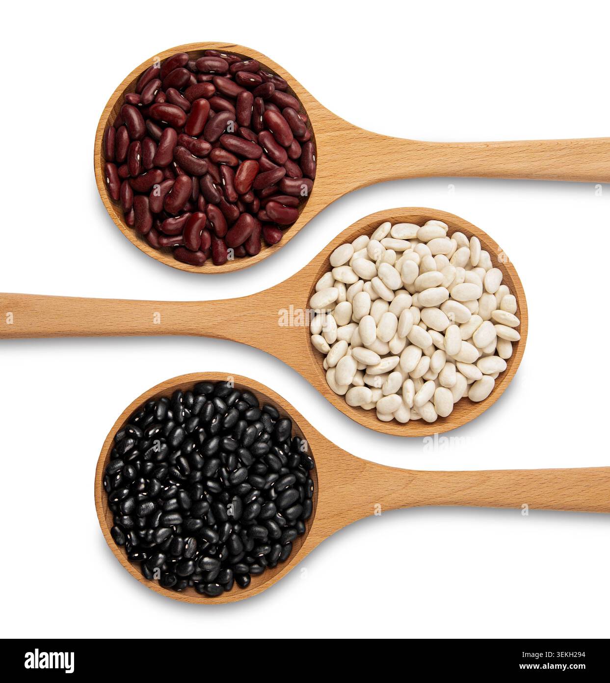 Verschiedene Bohnen in Holzlöffeln isoliert auf weißem Hintergrund mit roten Nieren, weißen und schwarzen Bohnen für gesundes Kochen. Stockfoto