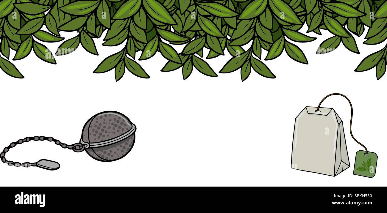 Frischer grüner Tee Blätter Banner mit Teebeutel und Infuser Vektor Illustration Stock Vektor