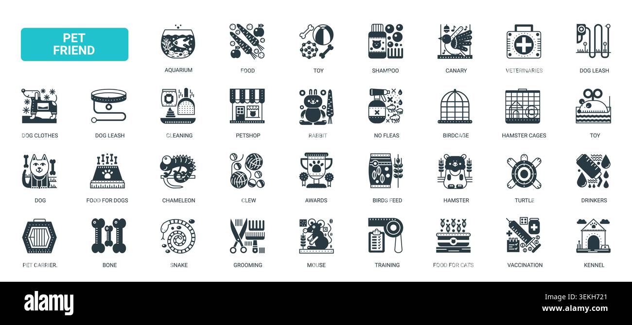 Symbole für Tierpflege und Tierversorgung, die die Pflege, Fütterung, tierärztliche Behandlung, Schulung, Käfige, Spielzeug Zubehör für Hausbegleiter solide schwarze Symbole Set Vektor Illustration Stock Vektor