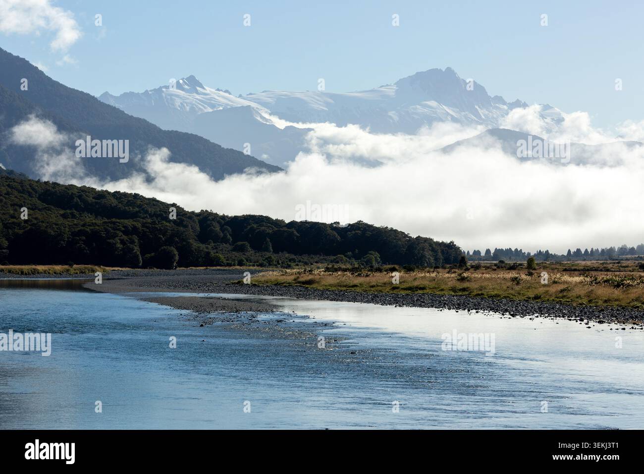 Am frühen Morgen lichtet sich Nebel vom Haast River, um den Mount Hooker aus Pleasant Flat, West Coast Region, Neuseeland, zu enthüllen Stockfoto