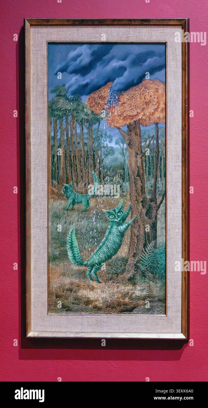 Remedios Varo, El Gato Helecho (die Farnkatze), 1957, surrealistisches Gemälde mit farnähnlichen Katzen in einer traumhaften Waldlandschaft Stockfoto