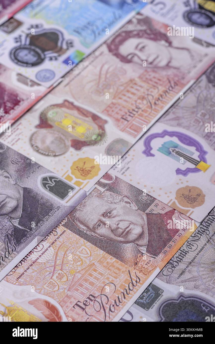 Großbritannien Papiergeld, Pfund Sterling, Bargeld für Finanz- und Geschäftstransaktionen. Großbritannien Geld als Hintergrund für Ihr Design Stockfoto