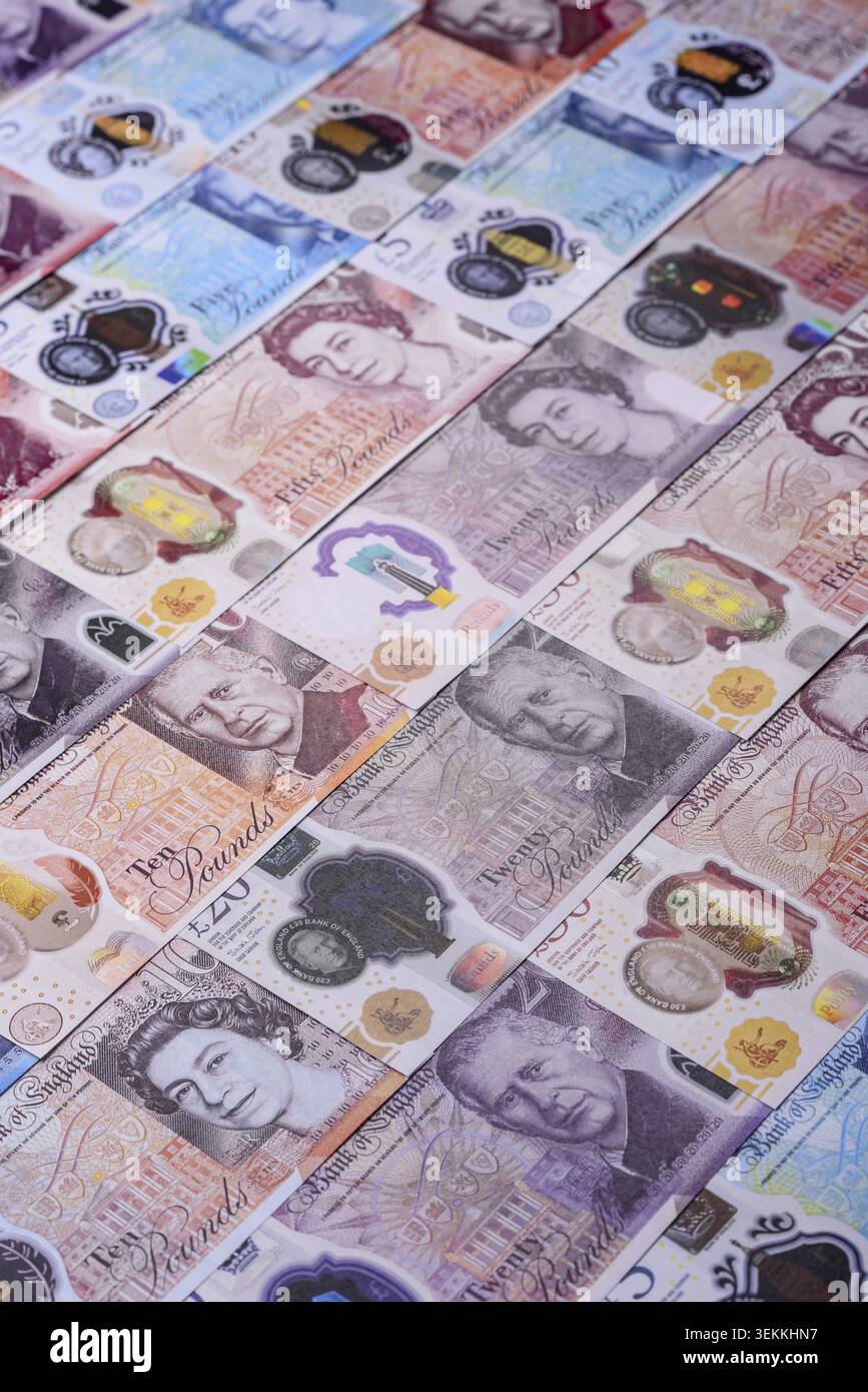 Großbritannien Papiergeld, Pfund Sterling, Bargeld für Finanz- und Geschäftstransaktionen. Großbritannien Geld als Hintergrund für Ihr Design Stockfoto