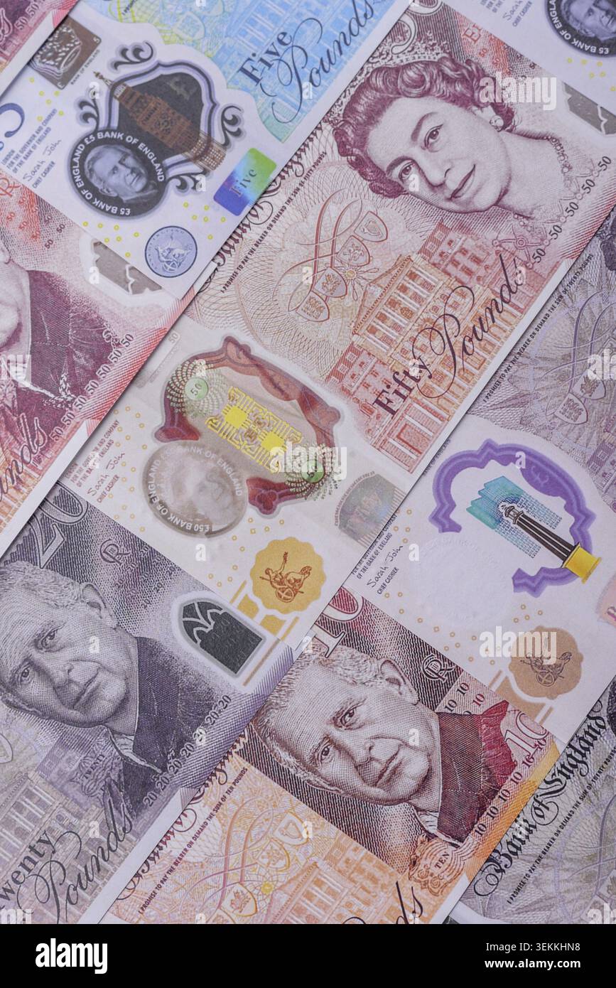 Großbritannien Papiergeld, Pfund Sterling, Bargeld für Finanz- und Geschäftstransaktionen. Großbritannien Geld als Hintergrund für Ihr Design Stockfoto