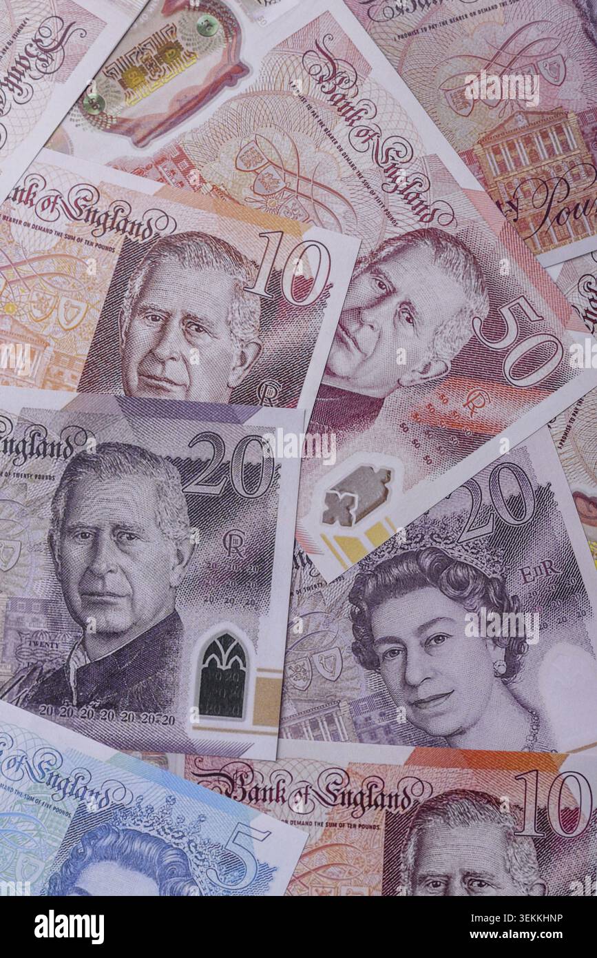 Großbritannien Papiergeld, Pfund Sterling, Bargeld für Finanz- und Geschäftstransaktionen. Großbritannien Geld als Hintergrund für Ihr Design Stockfoto