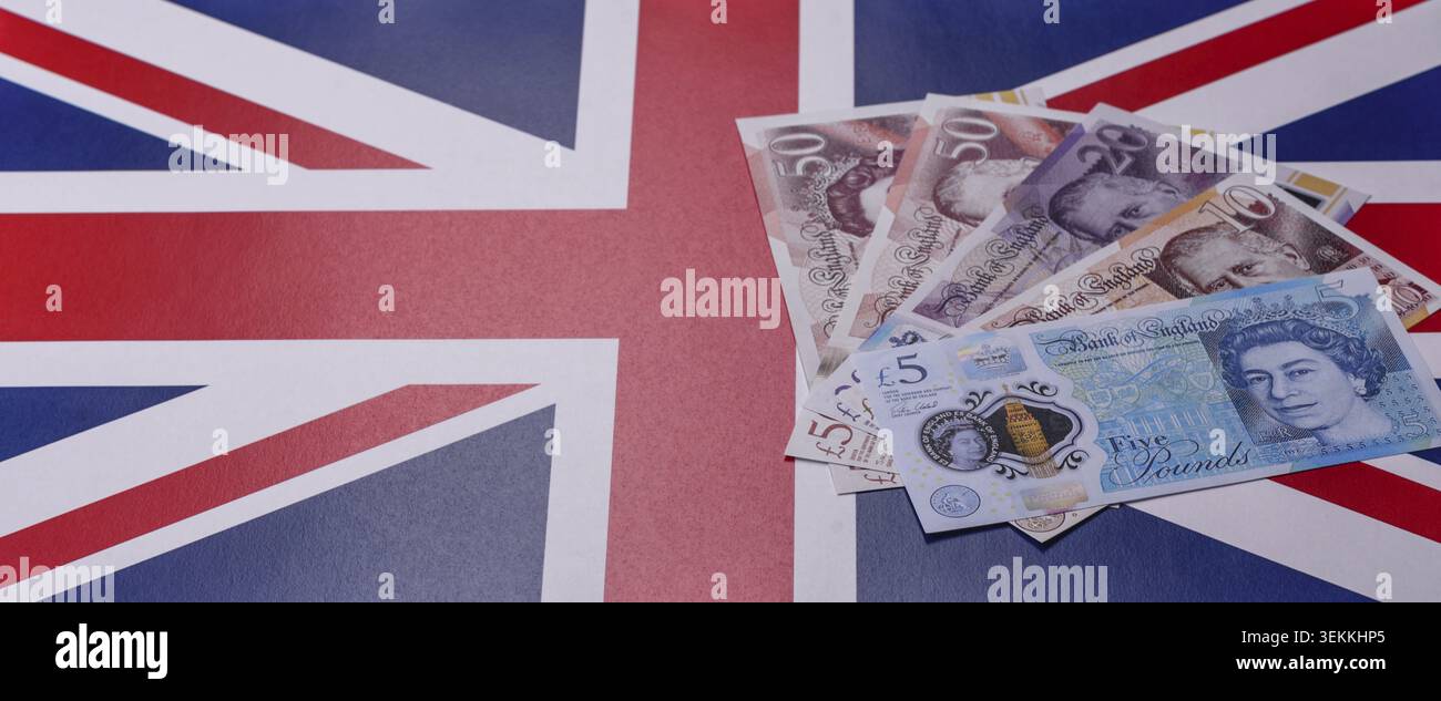 Großbritannien Papiergeld, Pfund Sterling, Bargeld für Finanz- und Geschäftstransaktionen. Großbritannien Geld als Hintergrund für Ihr Design Stockfoto