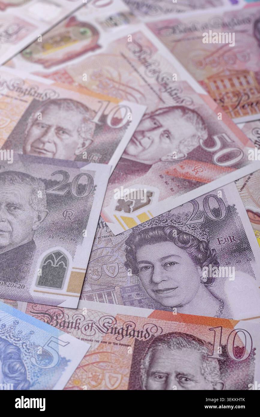 Großbritannien Papiergeld, Pfund Sterling, Bargeld für Finanz- und Geschäftstransaktionen. Großbritannien Geld als Hintergrund für Ihr Design Stockfoto