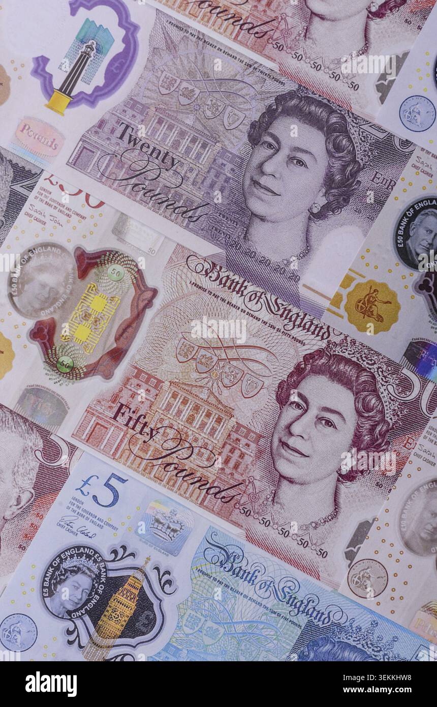 Großbritannien Papiergeld, Pfund Sterling, Bargeld für Finanz- und Geschäftstransaktionen. Großbritannien Geld als Hintergrund für Ihr Design Stockfoto