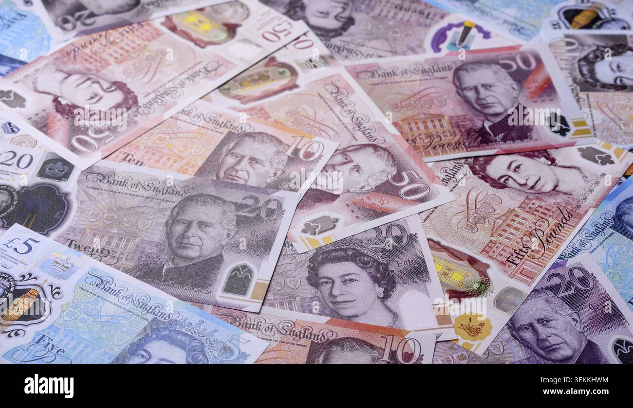 Großbritannien Papiergeld, Pfund Sterling, Bargeld für Finanz- und Geschäftstransaktionen. Großbritannien Geld als Hintergrund für Ihr Design Stockfoto