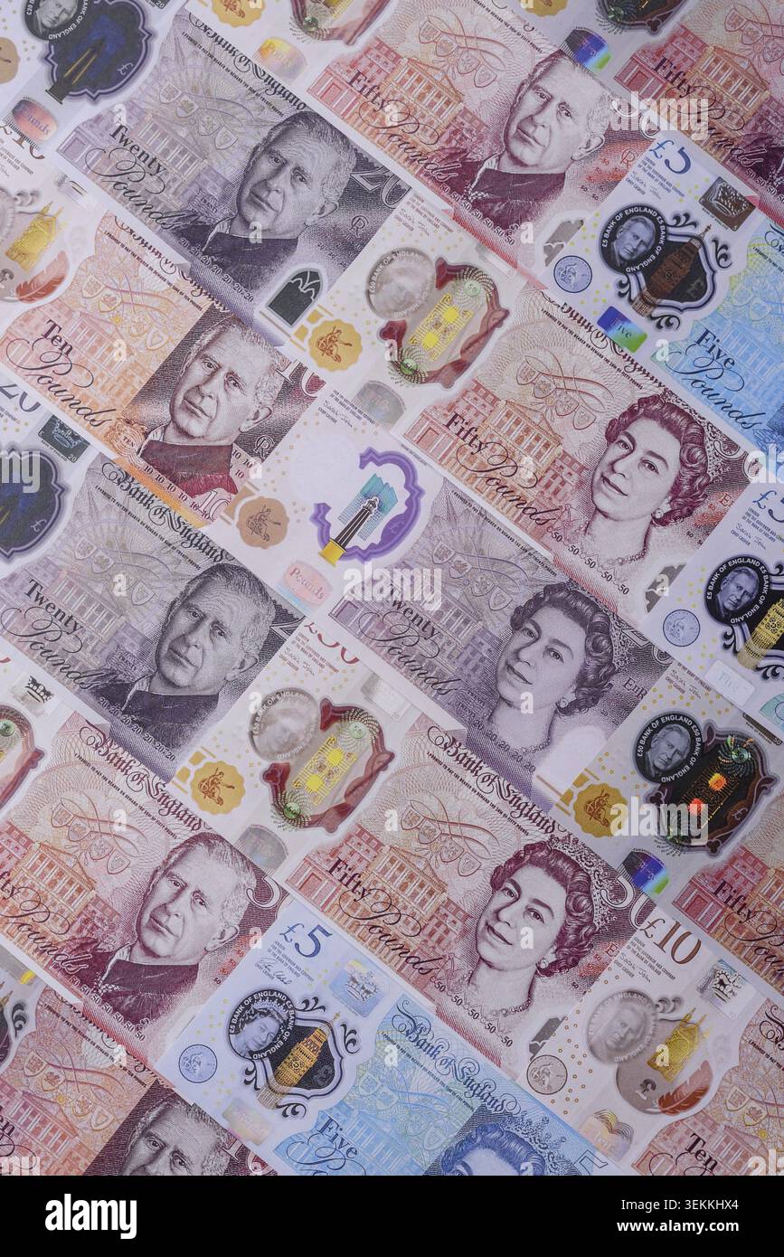 Großbritannien Papiergeld, Pfund Sterling, Bargeld für Finanz- und Geschäftstransaktionen. Großbritannien Geld als Hintergrund für Ihr Design Stockfoto