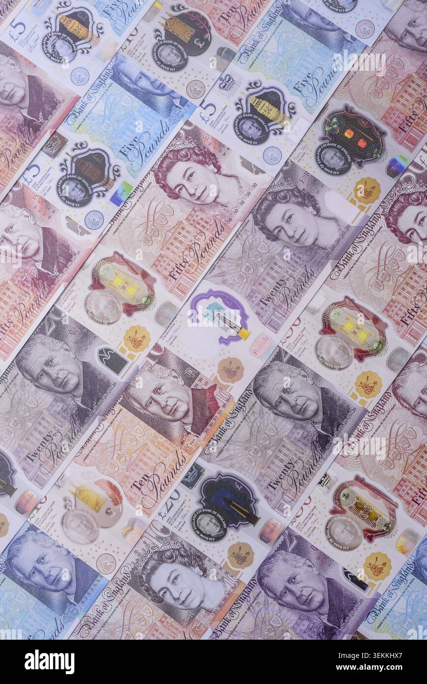 Großbritannien Papiergeld, Pfund Sterling, Bargeld für Finanz- und Geschäftstransaktionen. Großbritannien Geld als Hintergrund für Ihr Design Stockfoto