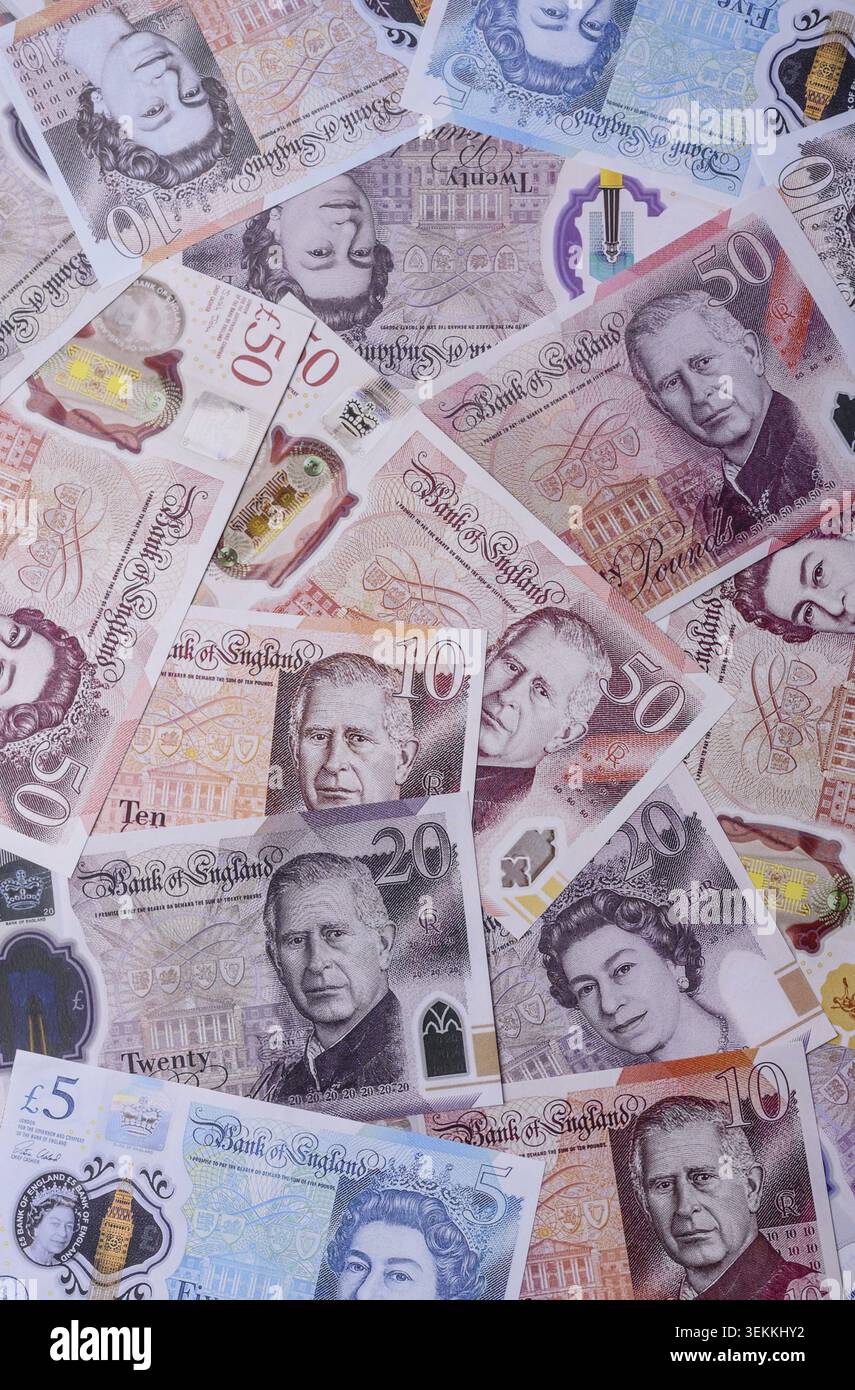Großbritannien Papiergeld, Pfund Sterling, Bargeld für Finanz- und Geschäftstransaktionen. Großbritannien Geld als Hintergrund für Ihr Design Stockfoto