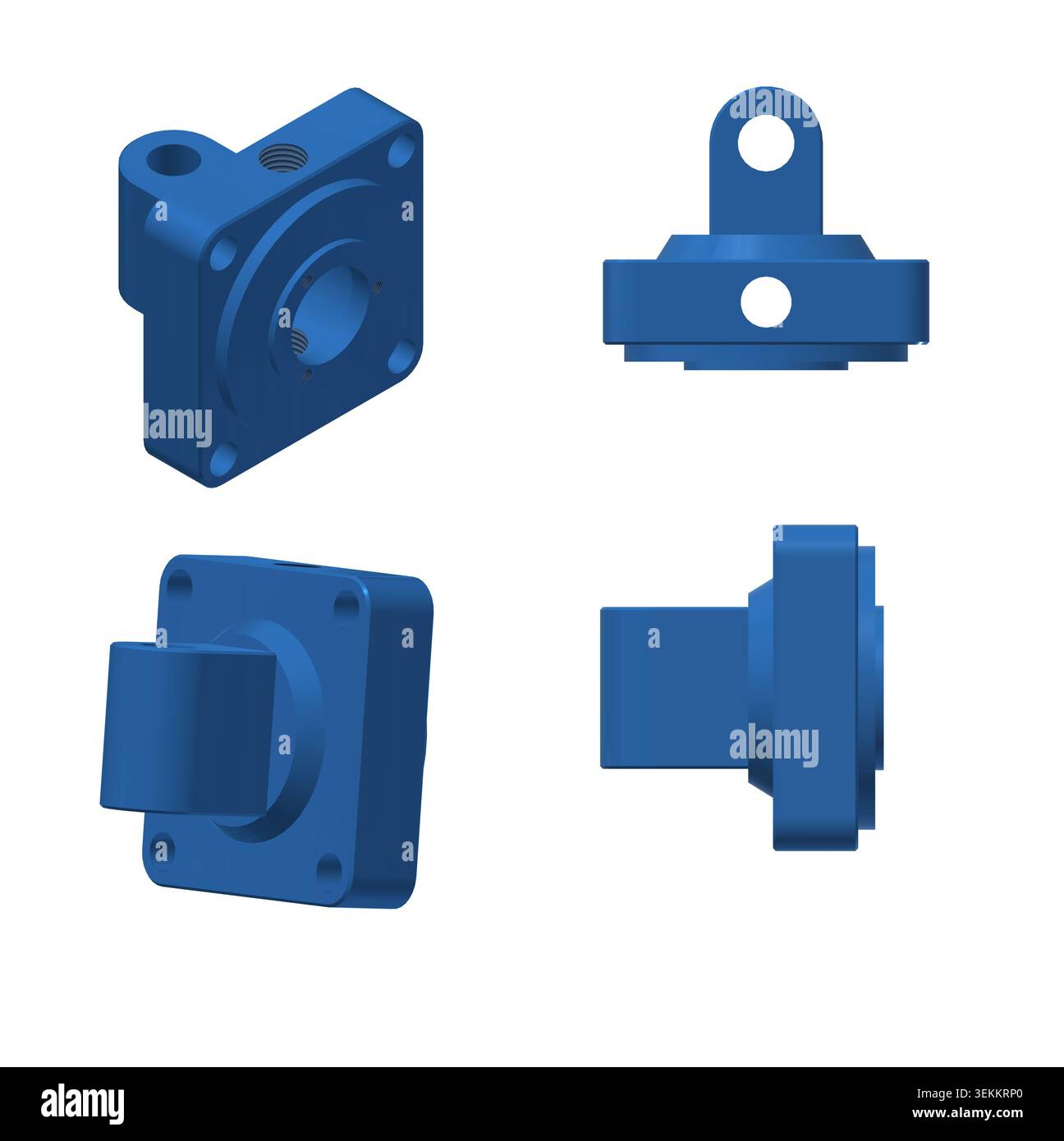 Industrielles 3D-computergestütztes Design-Rendering, das isometrische und orthogonale Layoutansichten einer blau bearbeiteten Komponente aus Gussgehäuse mit Befestigungslöchern zeigt Stockfoto