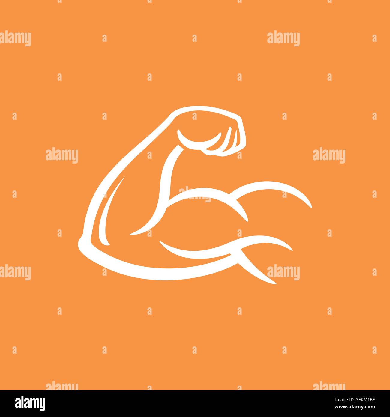Eine weiße Strichgrafik-Illustration eines gebeugten Arms auf orangefarbenem Hintergrund, der Kraft, Fitness und Wellness vermittelt. Geeignet für Sport-Branding, Fitnes Stock Vektor
