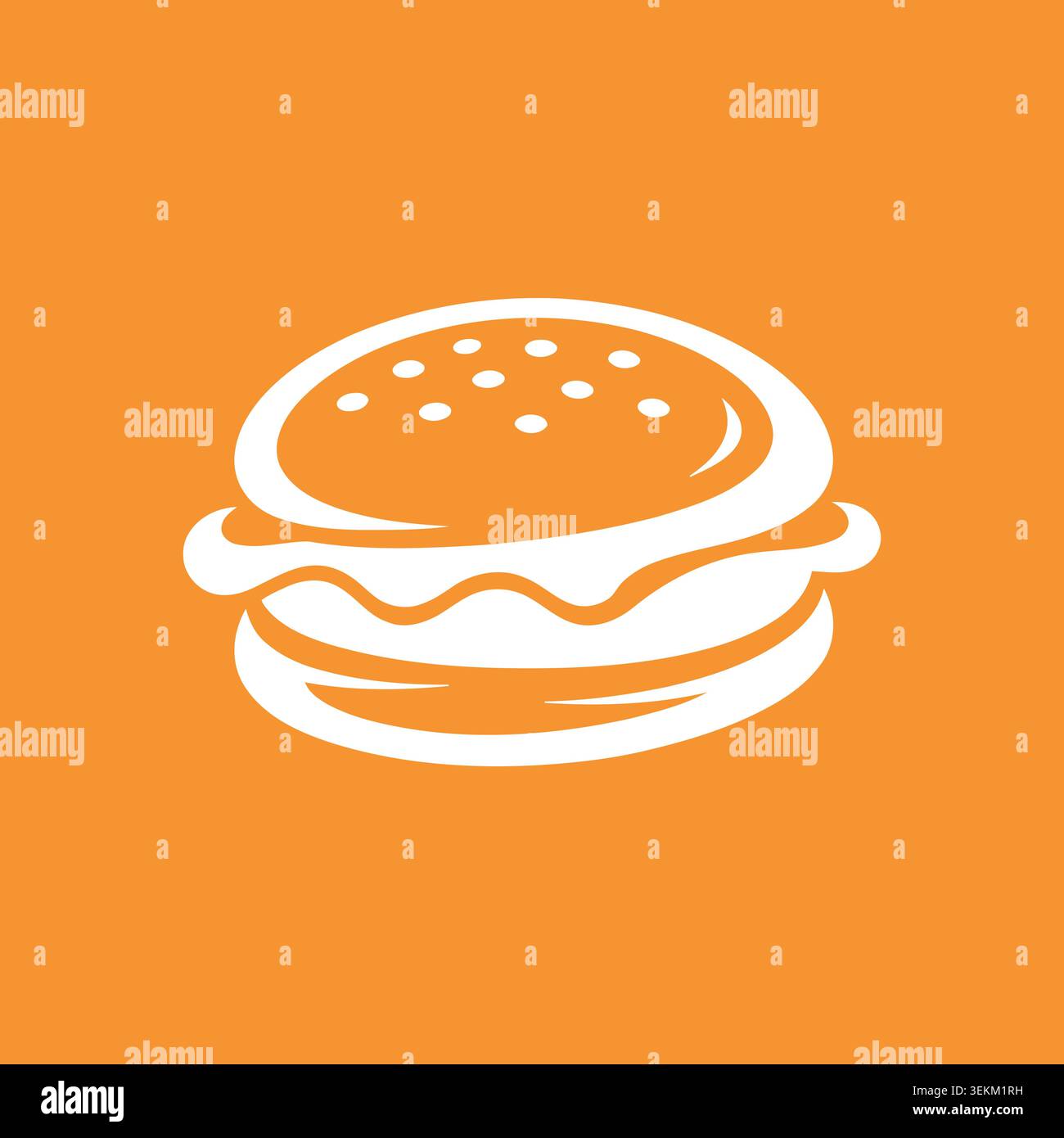 Flaches Vektor-Hamburger-Symbol auf orangem Hintergrund, einfache weiße Linien und Punkte, die einen stilisierten Burger für Food Branding, Verpackung, Werbung und bilden Stock Vektor