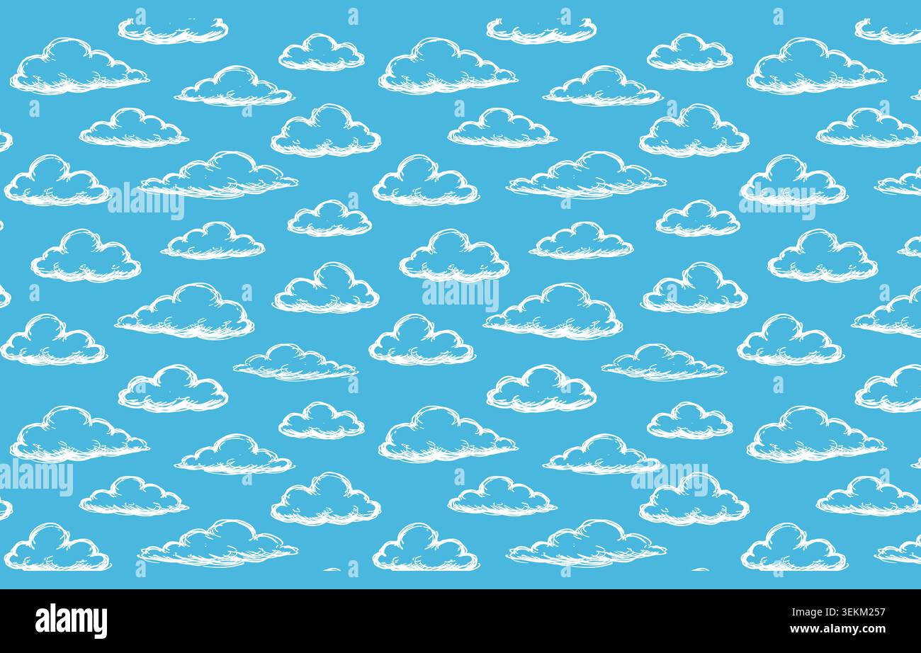 Ein skurriles, nahtloses Muster aus weißen Karikaturwolken auf einem hellblauen Hintergrund, perfekt für Textildrucke, Stoffmotive und Umhüllungen Stock Vektor