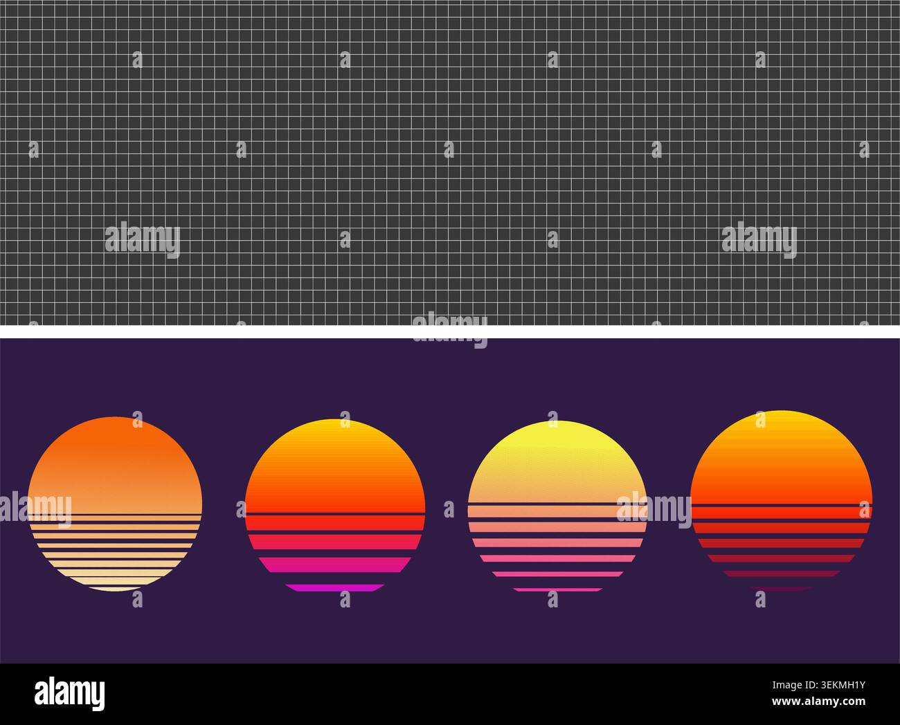 Retrowave Sonnenuntergang, Sonnenuntergang oder Sonnenaufgang im Stil der 80er Jahre. Vaporwave, Sonne, Strand, Retro, Sonnenuntergang auf dunklem Hintergrund. Glühende Sonne. SCI-fi, abstraktes Cyber-Poster, Druck. Vektorabbildung Stock Vektor