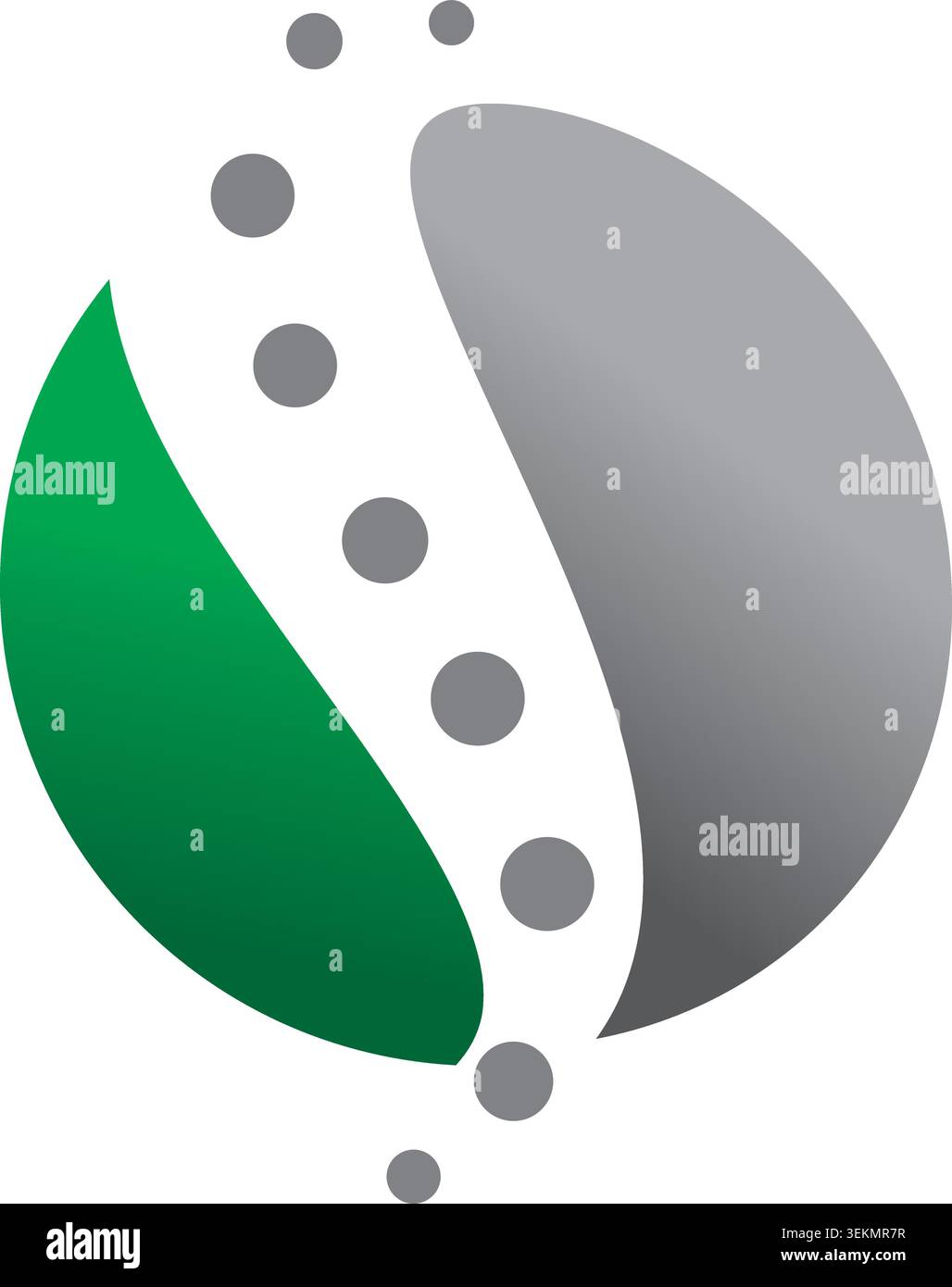 Ein minimalistisches abstraktes Logo mit grünem Blatt, glatter grauer organischer Form und schwebenden kreisförmigen Elementen. Das Design symbolisiert Natur, Gleichgewicht Stock Vektor