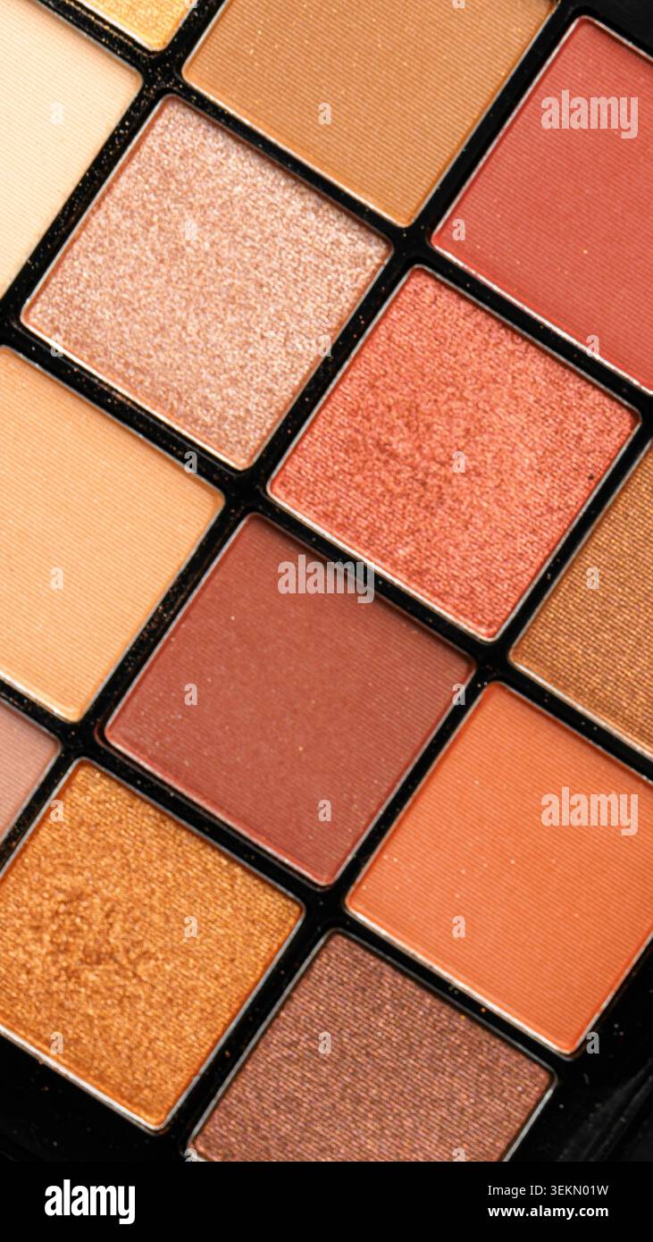 Make-up-Palette mit verschiedenen Lidschattenfarben auf dunklem Hintergrund Stockfoto