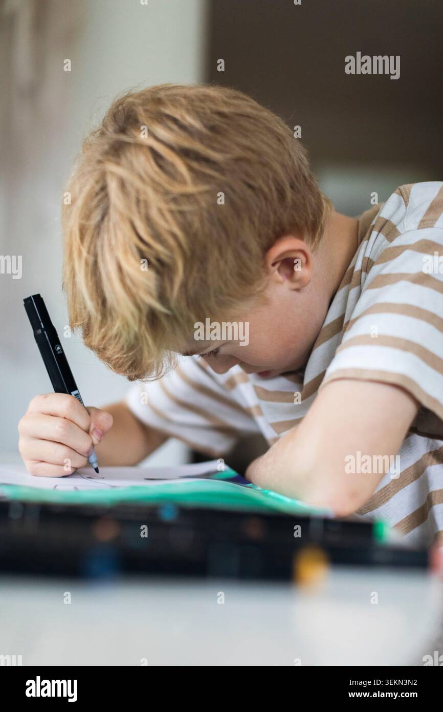 Fokussierte Boy-Färbung im Buch mit Filzstift zu Hause Stockfoto