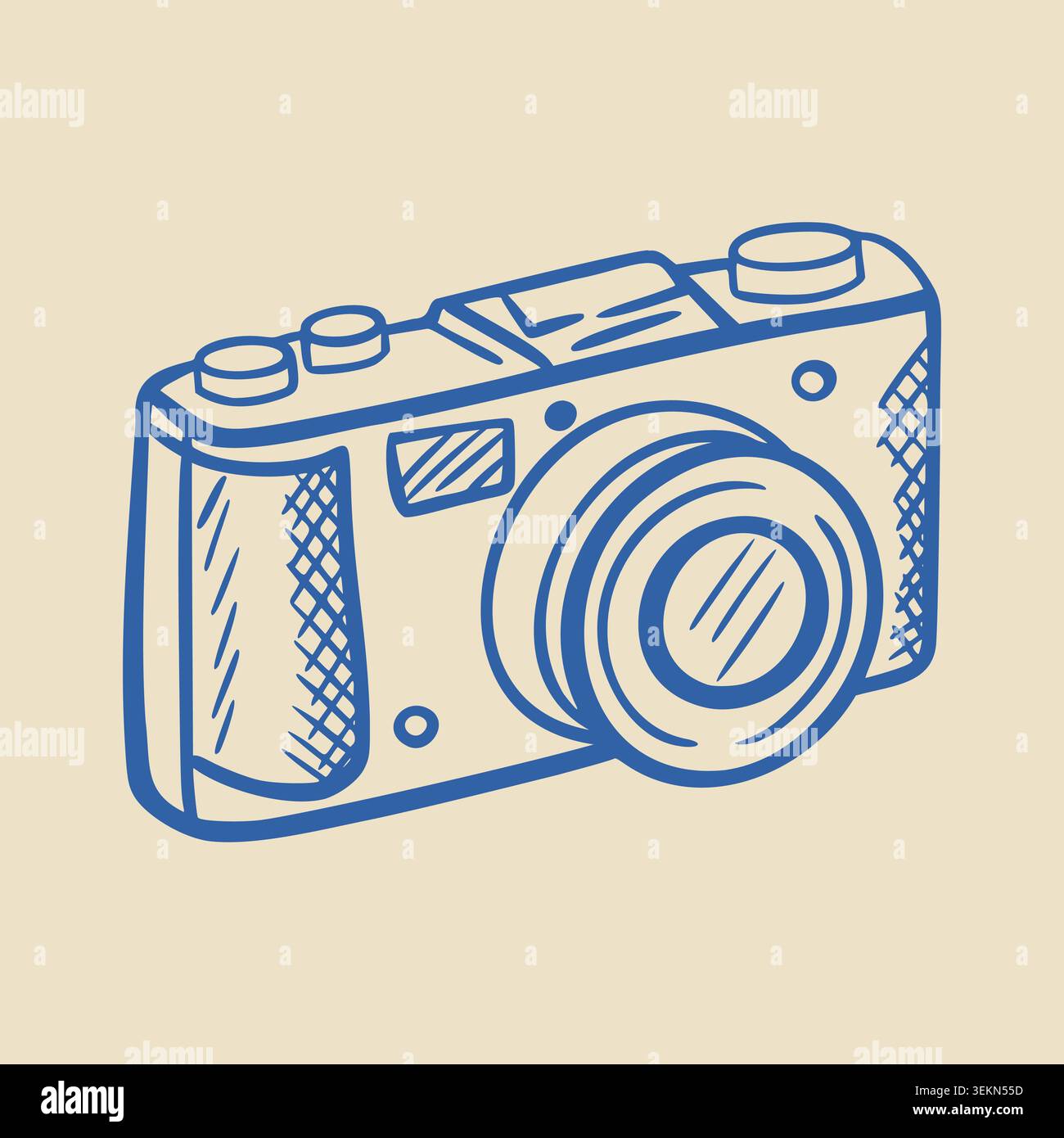 Illustration einer Vintage-Kamera mit detailliertem Objektiv und strukturiertem Gehäuse, vor einem hellbeigen Hintergrund, mit einer klassischen Fotografie Stock Vektor