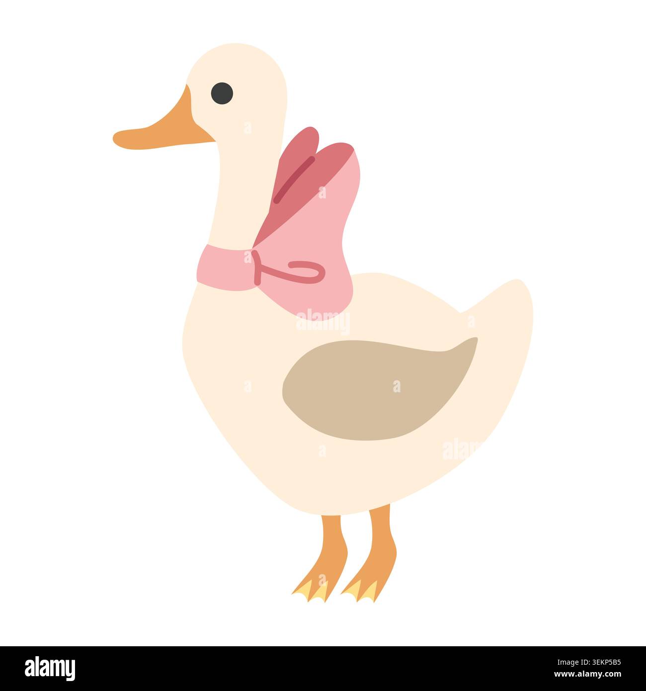 Niedliche weiße Ente mit rosa Schleife: Vektorflachbild eines Bauernvogels in Cottagecore-Ästhetik. Stock Vektor