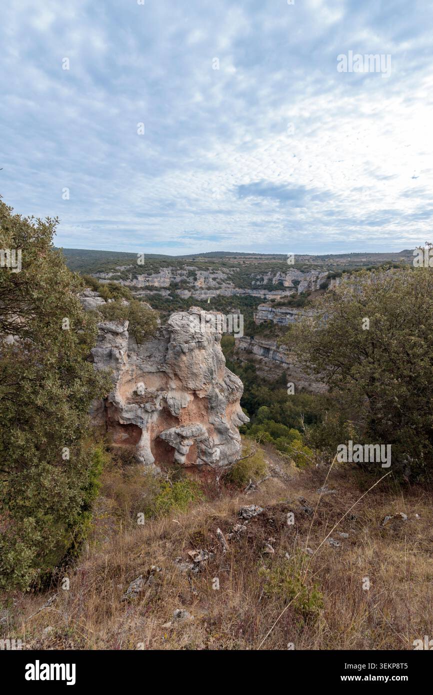 Weitläufiger Blick auf einen tiefen natürlichen Canyon mit hoch aufragenden Felsformationen unter einem bewölkten Himmel Stockfoto