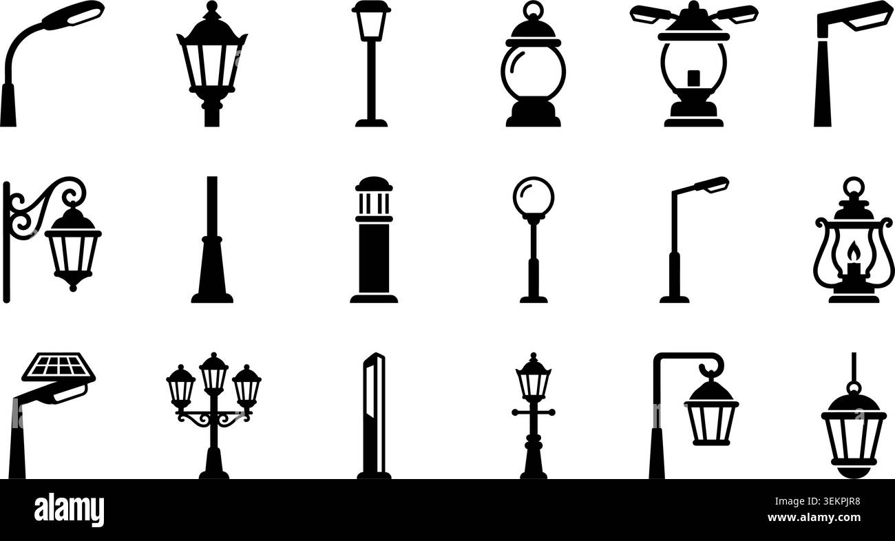 Sammlung von Straßenlaternen und Leuchtpfosten auf transparentem Hintergrund. Vektorabbildung Stock Vektor